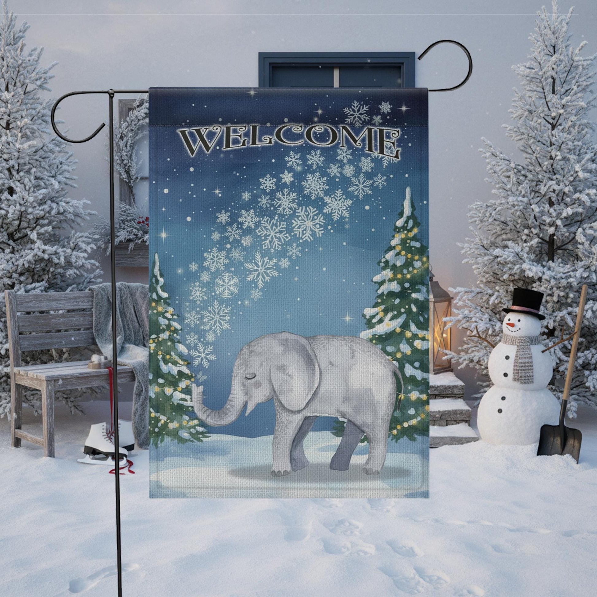 Winter Garden Flag – Welcome Outdoor Yard Banner with Elephant and Snowflake Design