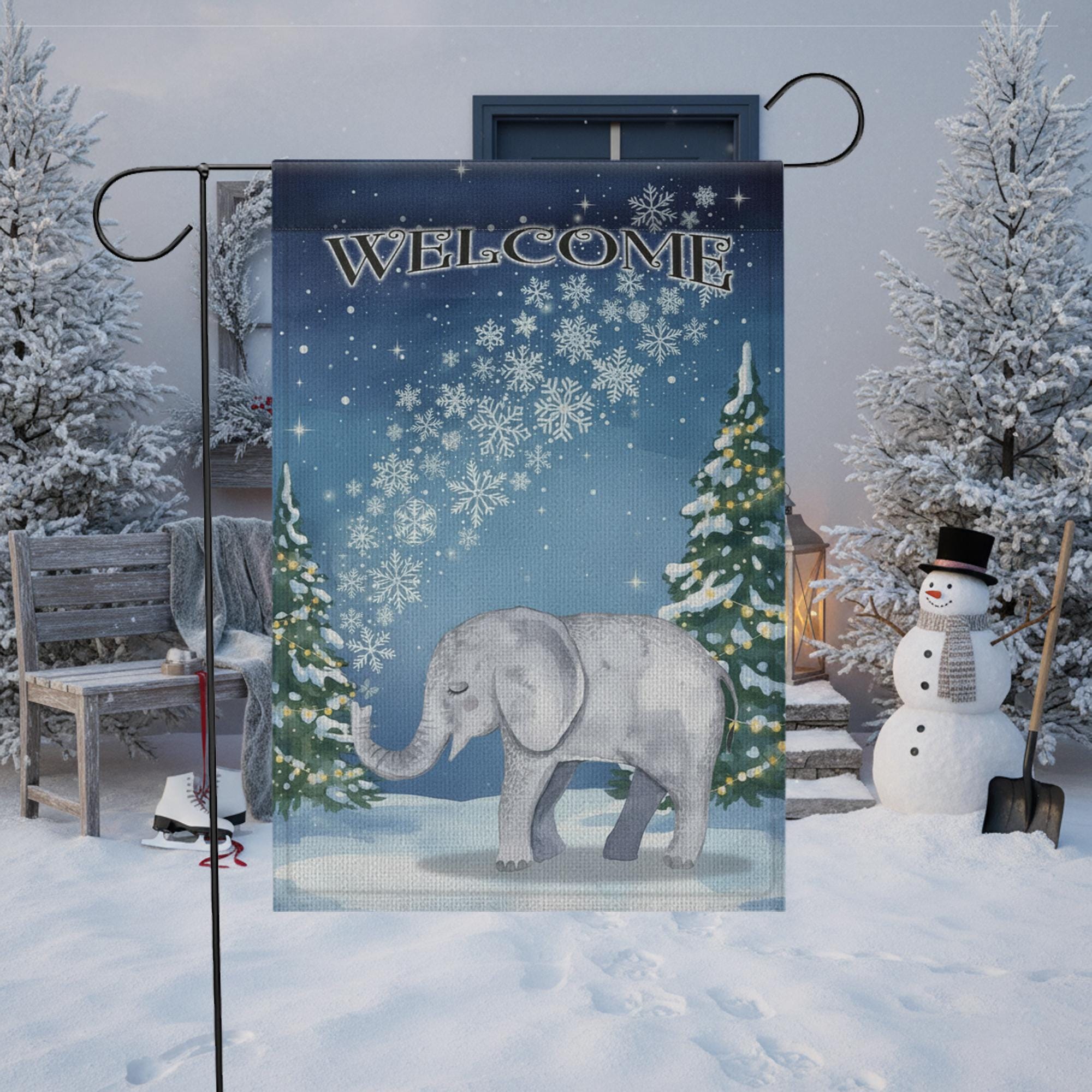Winter Garden Flag – Welcome Outdoor Yard Banner with Elephant and Snowflake Design