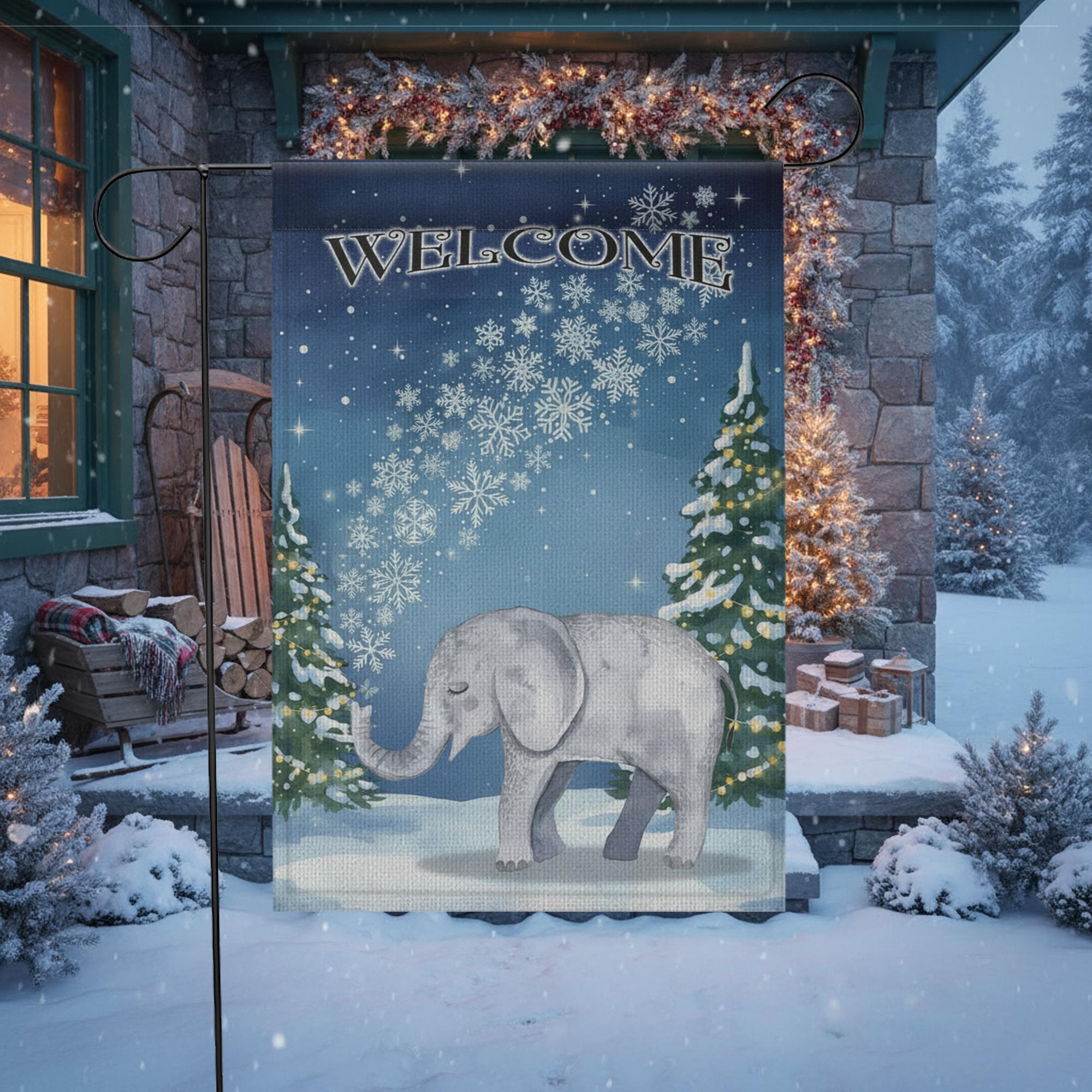 Winter Garden Flag – Welcome Outdoor Yard Banner with Elephant and Snowflake Design