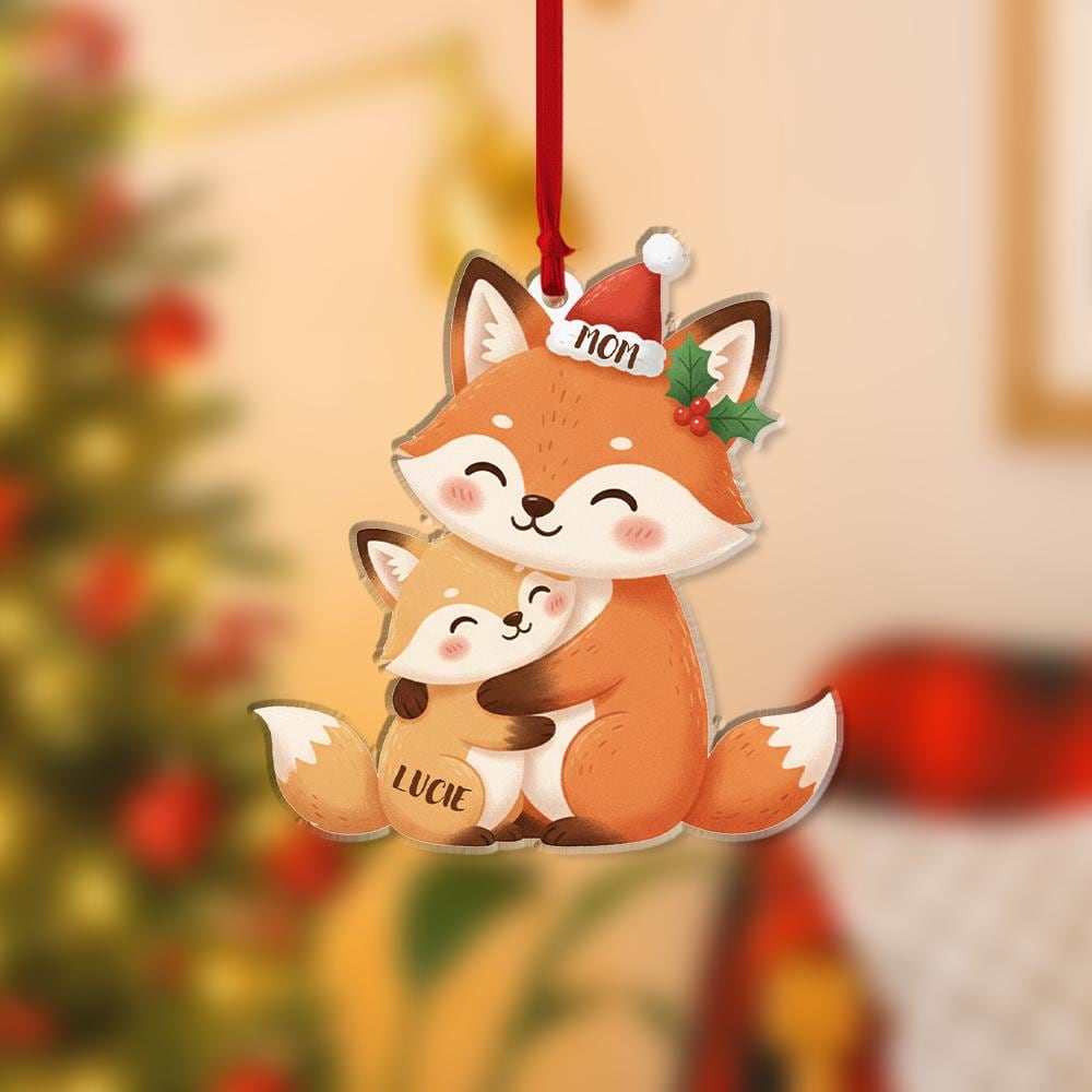 Acrylic Fox Ornament — Pair of Foxes with Holiday Hat Detail
