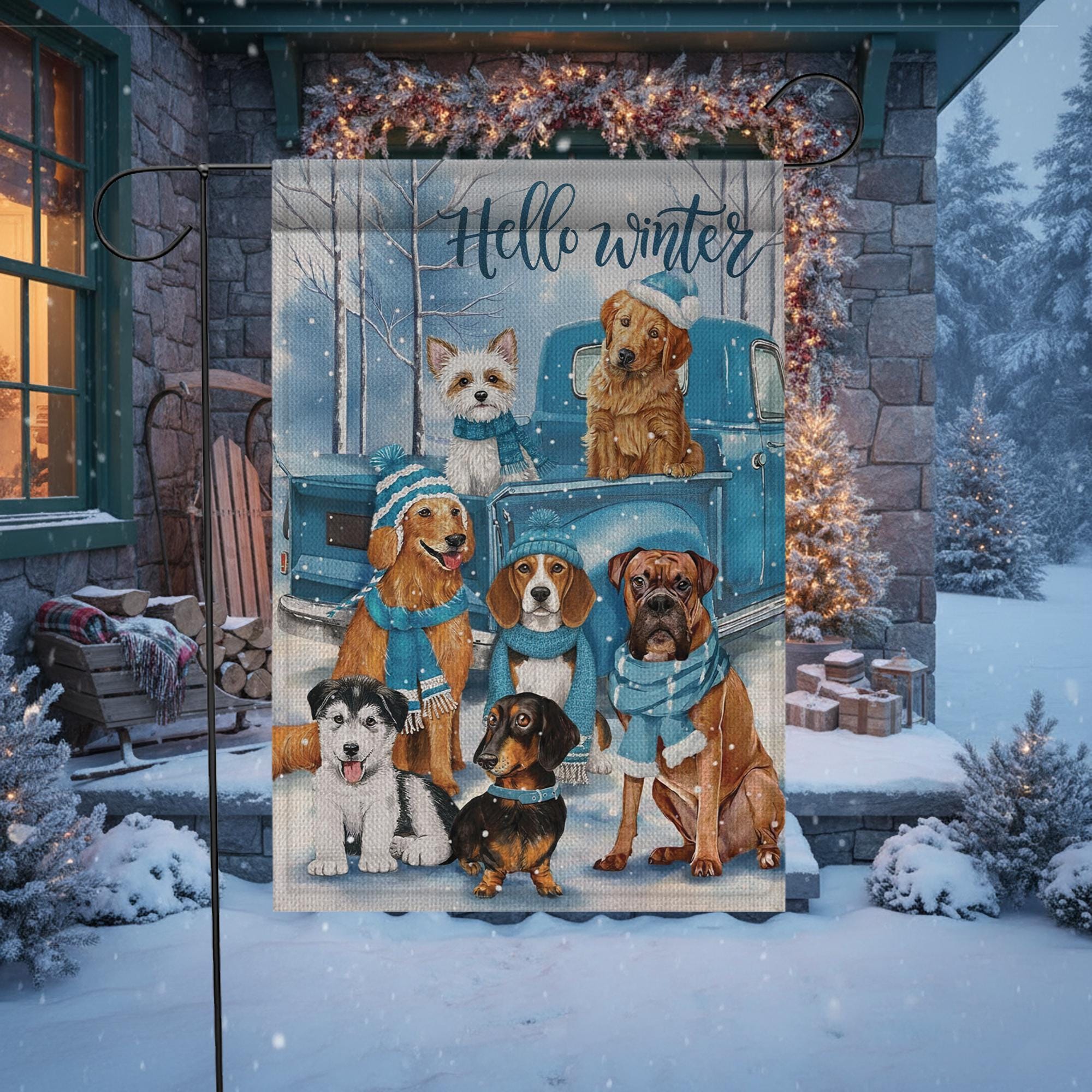 Winter Dog Garden Flag – Hello Winter Outdoor Yard Banner with Truck and Snow Scene