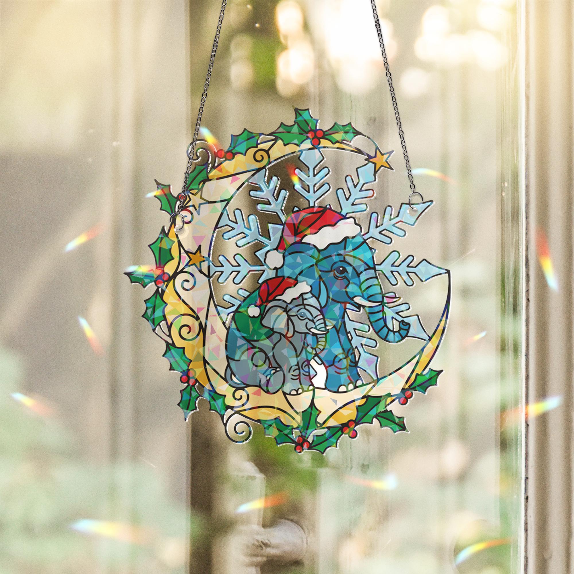 Elephant Christmas Window Hanging – Holographic Holiday Suncatcher Decor