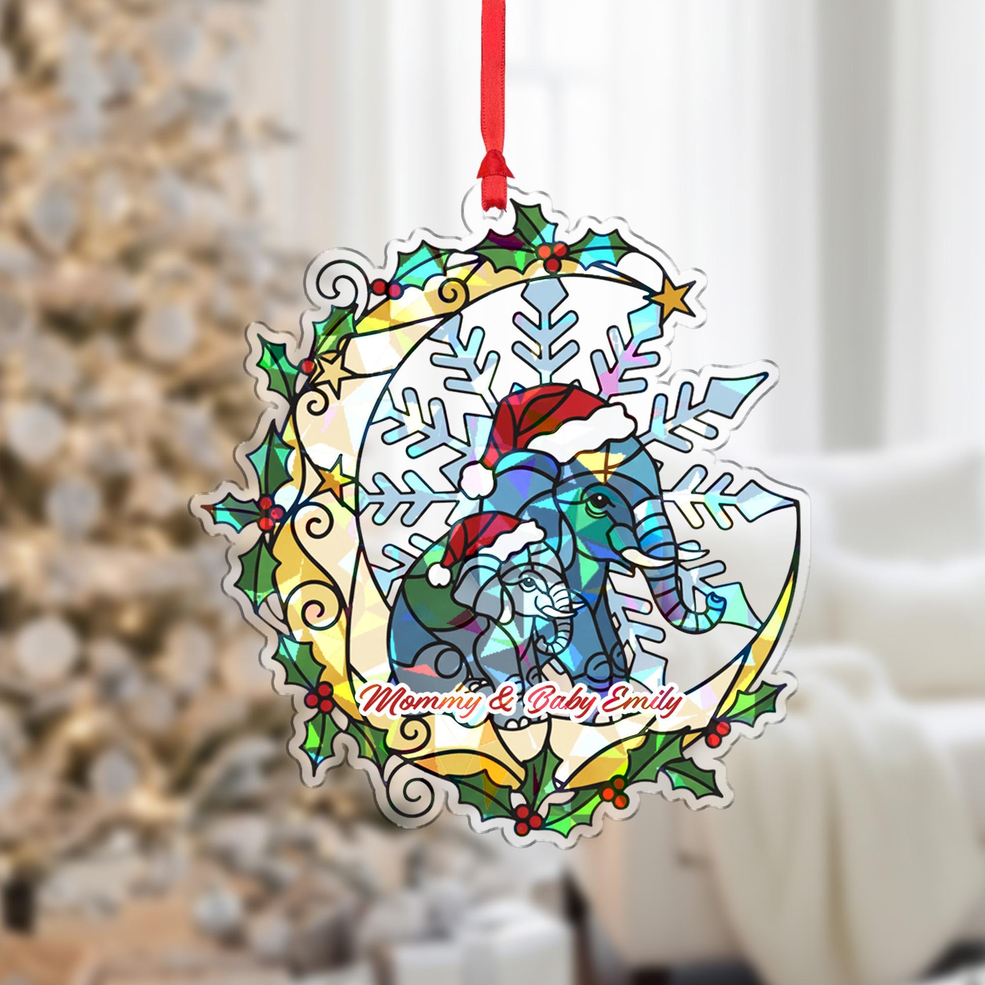 Personalized Elephant Ornament – Holographic Christmas Family Decoration