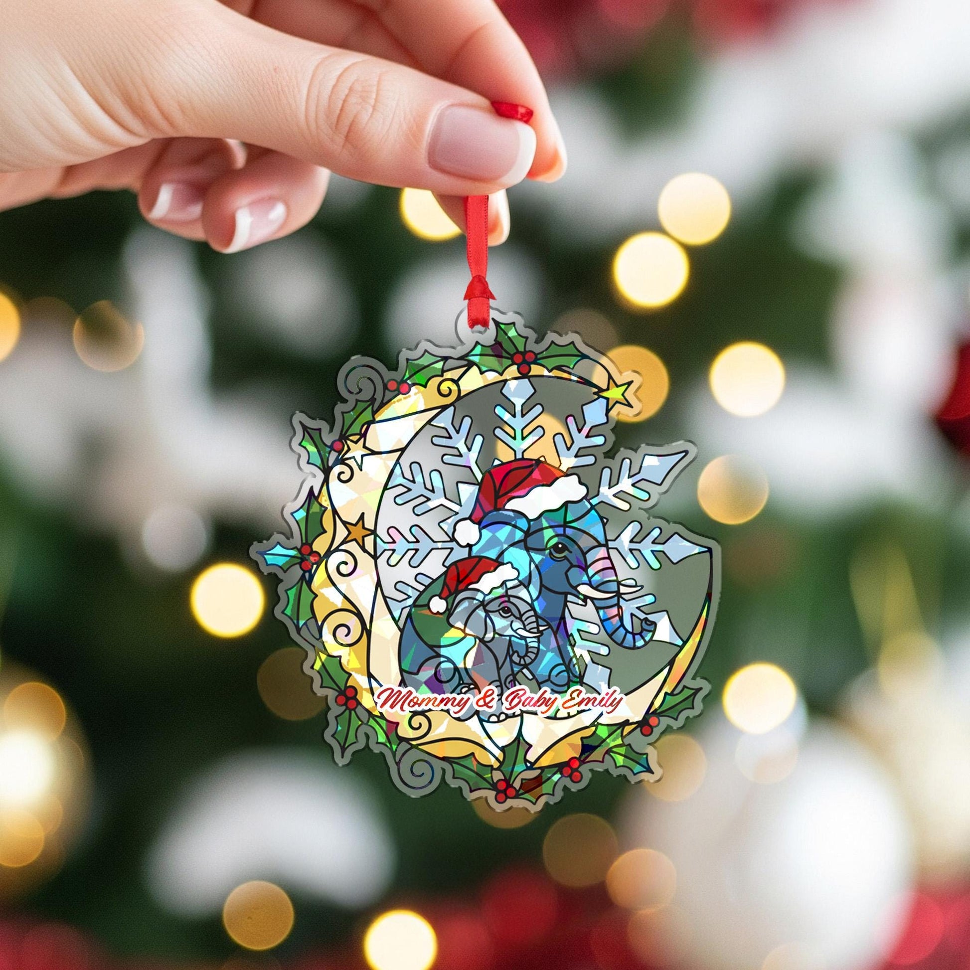Personalized Elephant Ornament – Holographic Christmas Family Decoration