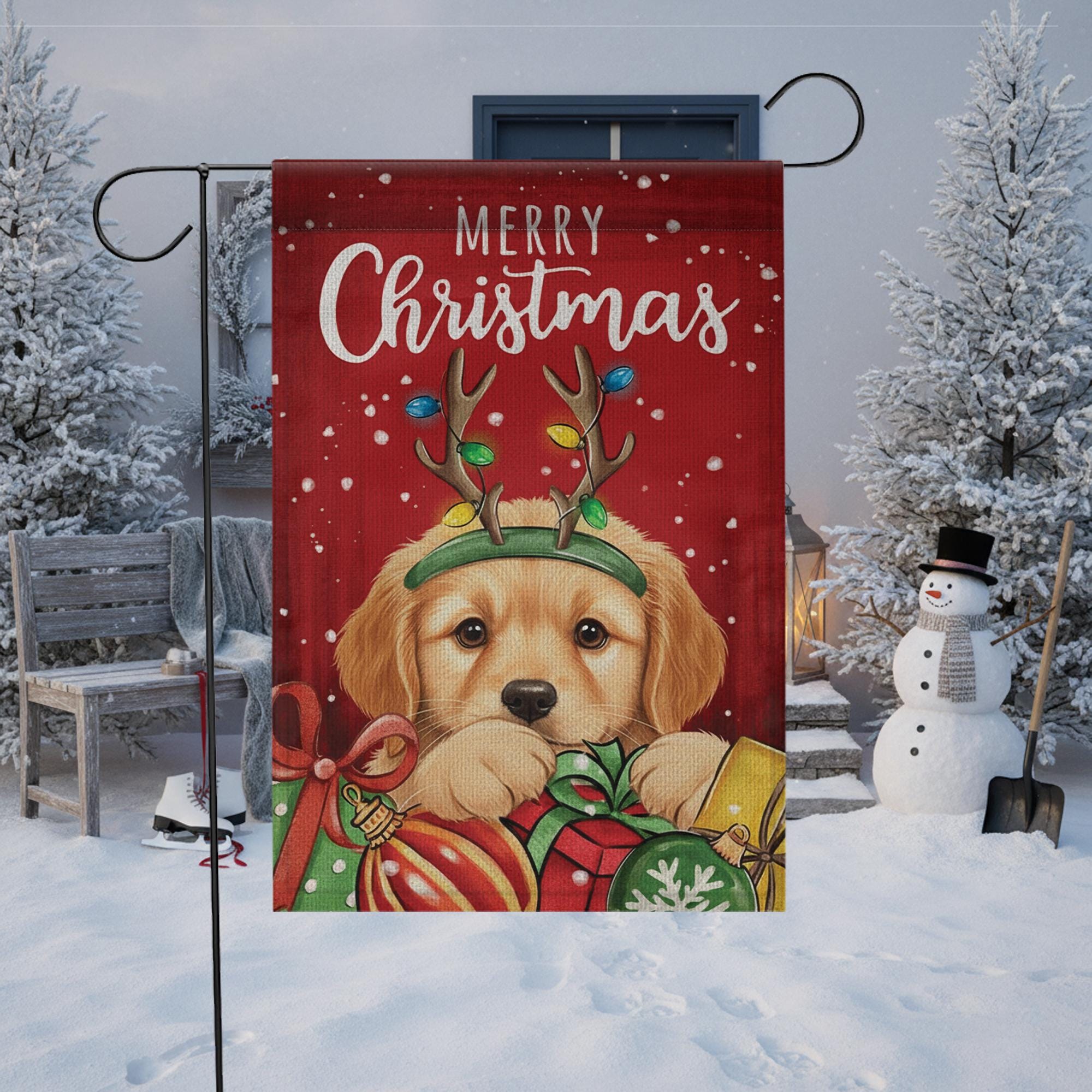 Christmas Dog Garden Flag – Merry Christmas Outdoor Yard Banner with Puppy and Gifts Design