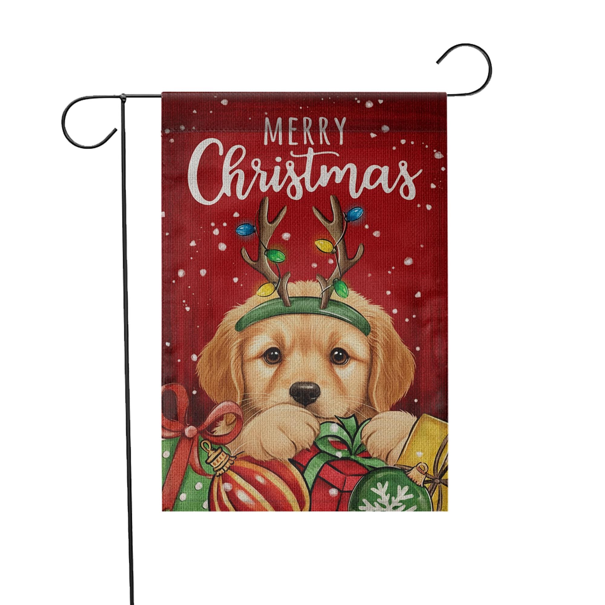 Christmas Dog Garden Flag – Merry Christmas Outdoor Yard Banner with Puppy and Gifts Design