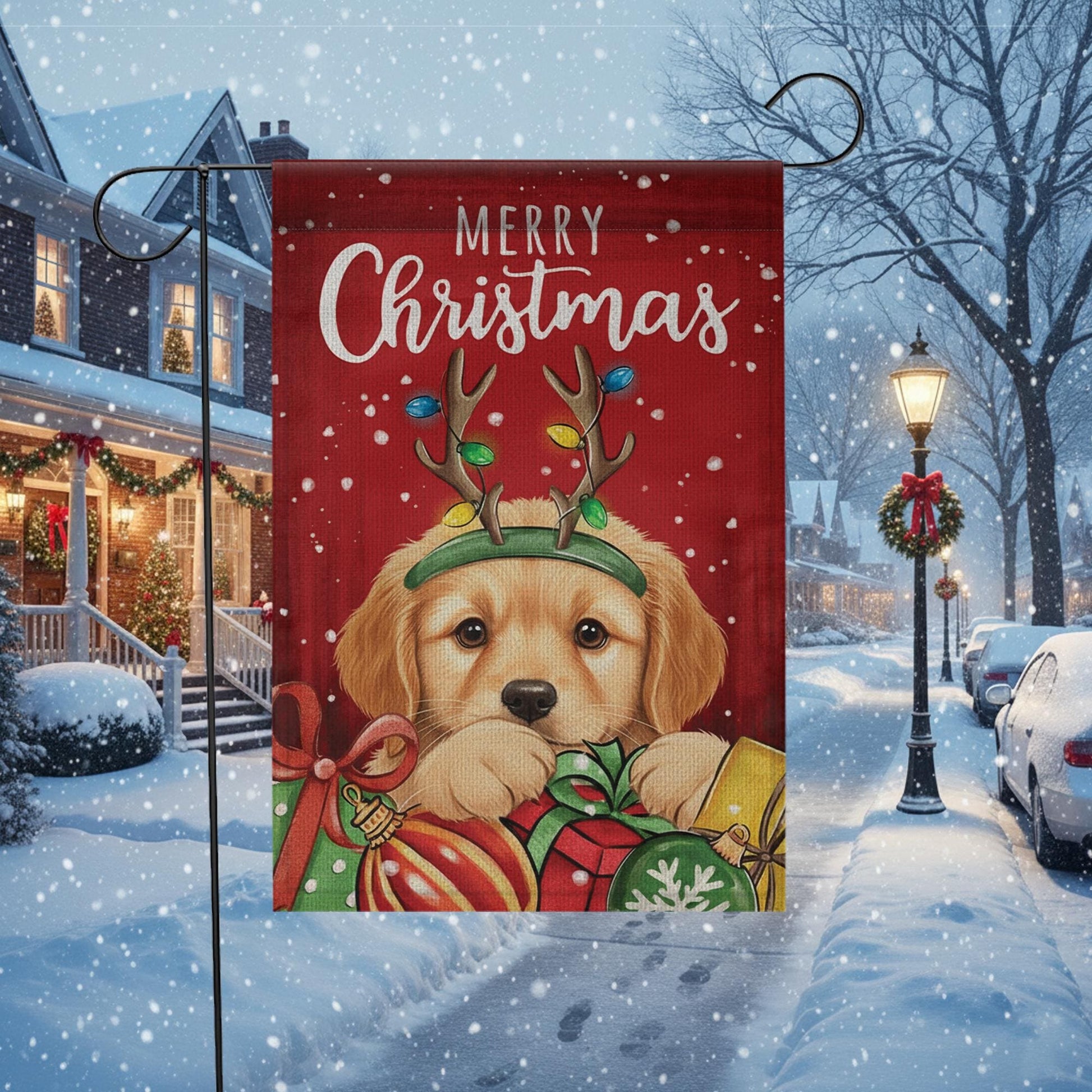Christmas Dog Garden Flag – Merry Christmas Outdoor Yard Banner with Puppy and Gifts Design