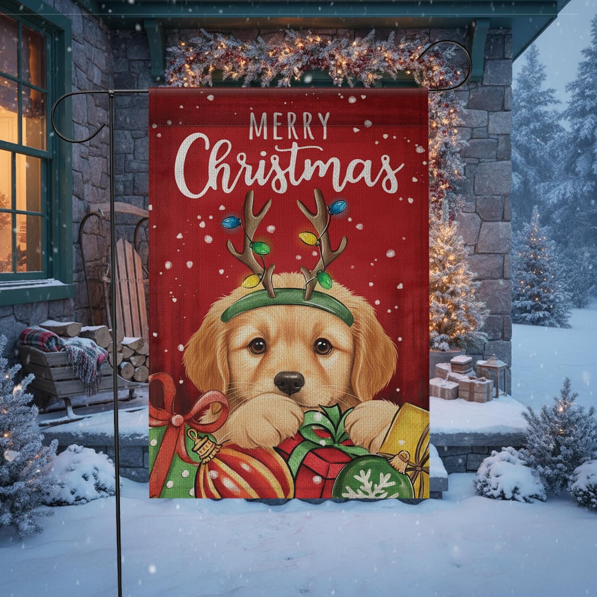 Christmas Dog Garden Flag – Merry Christmas Outdoor Yard Banner with Puppy and Gifts Design