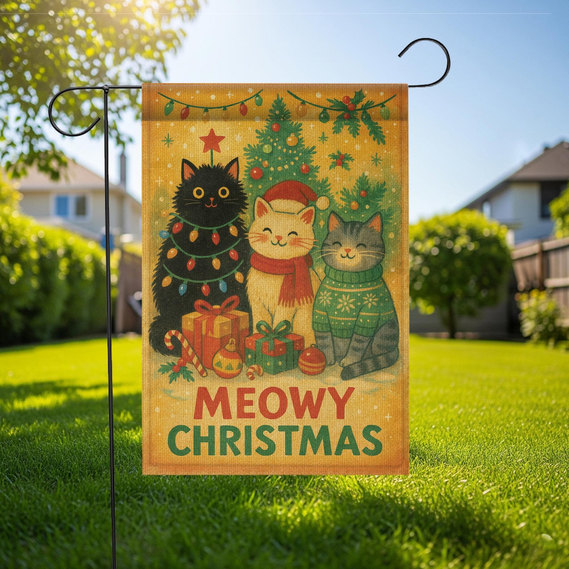 Meowy Christmas Garden Flag – Holiday Outdoor Cat Lover Yard Decoration