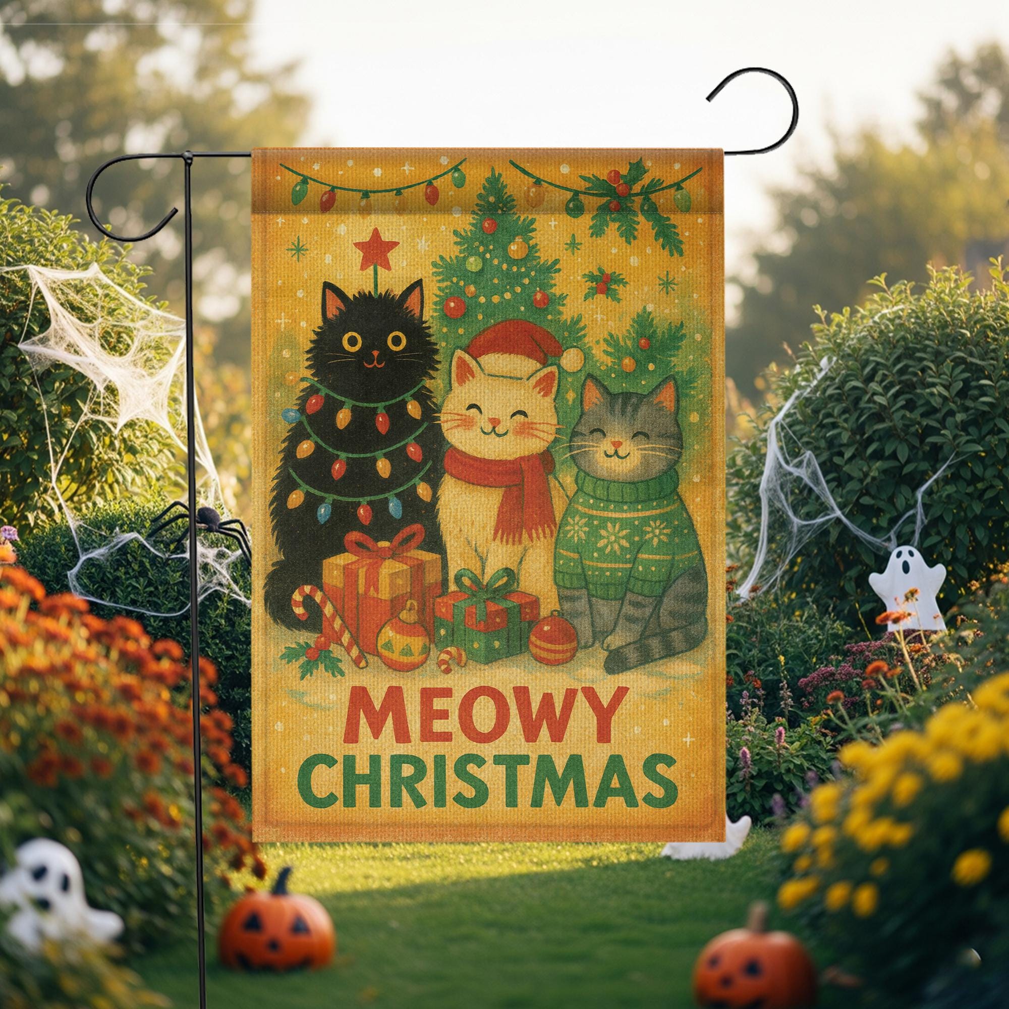 Meowy Christmas Garden Flag – Holiday Outdoor Cat Lover Yard Decoration