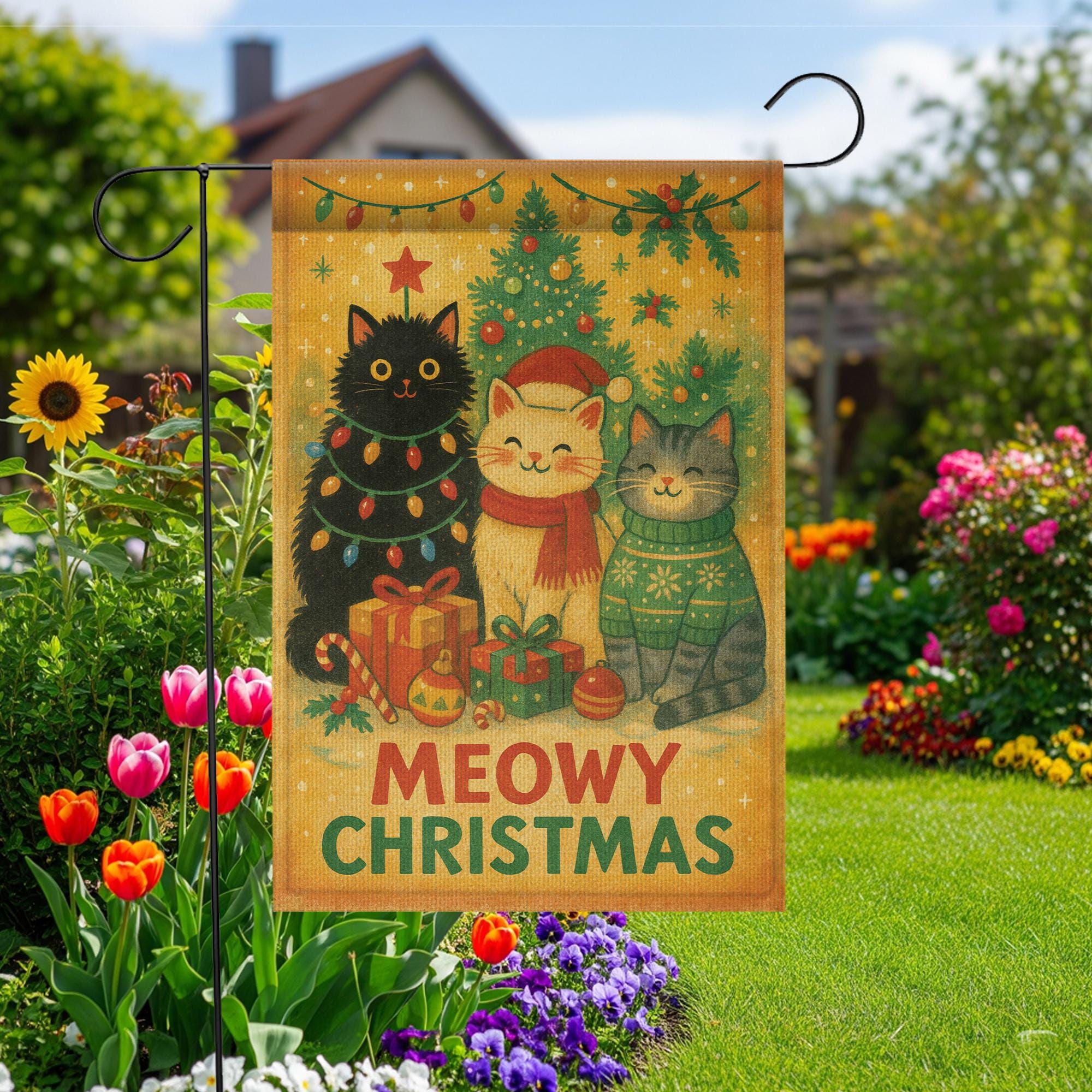 Meowy Christmas Garden Flag – Holiday Outdoor Cat Lover Yard Decoration