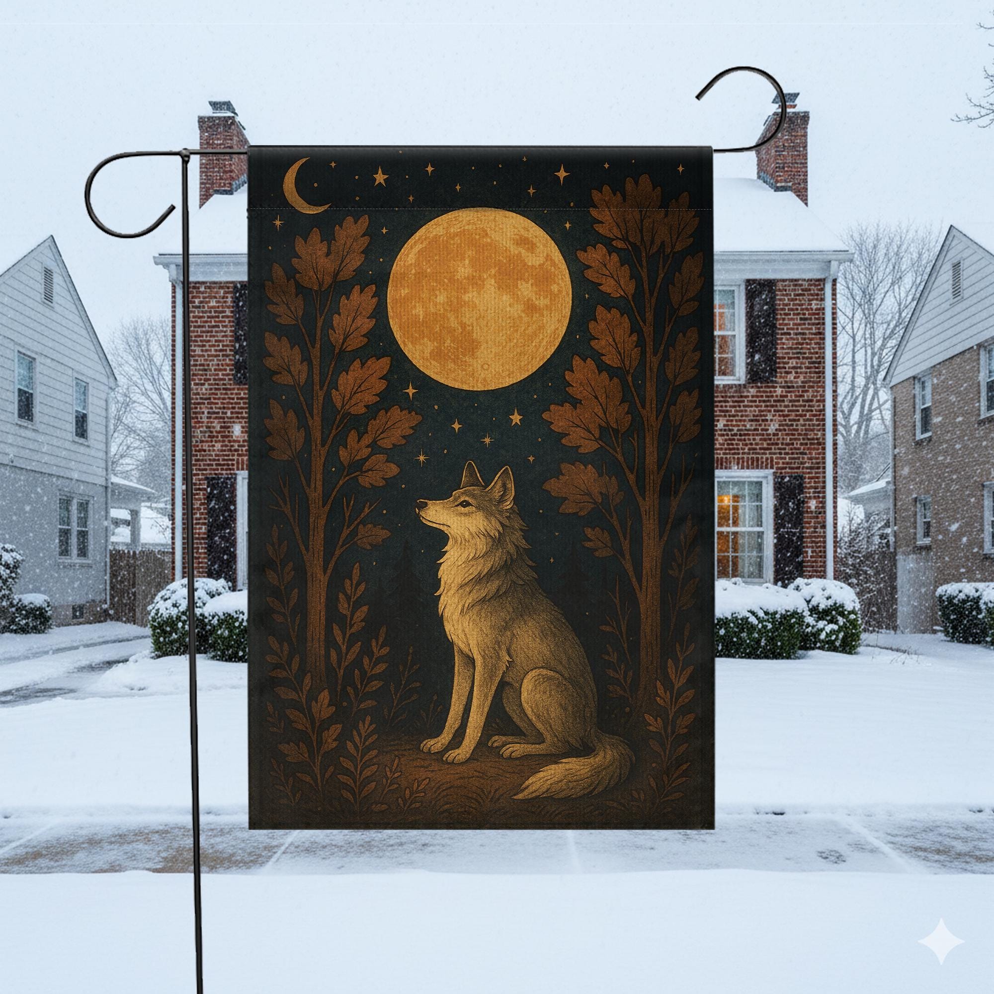 Wolf Garden Flag – Outdoor Yard Banner with Full Moon and Woodland Design