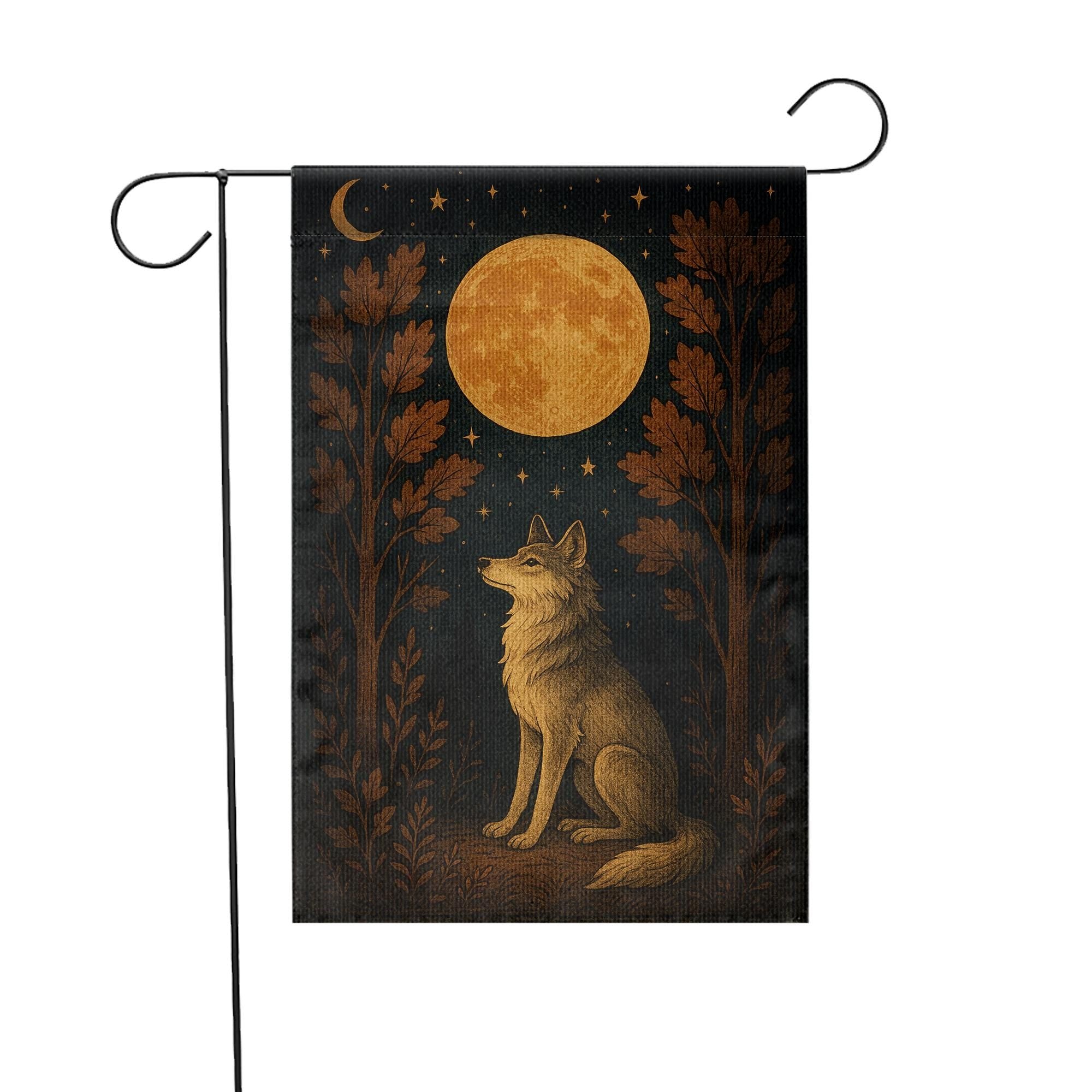 Wolf Garden Flag – Outdoor Yard Banner with Full Moon and Woodland Design
