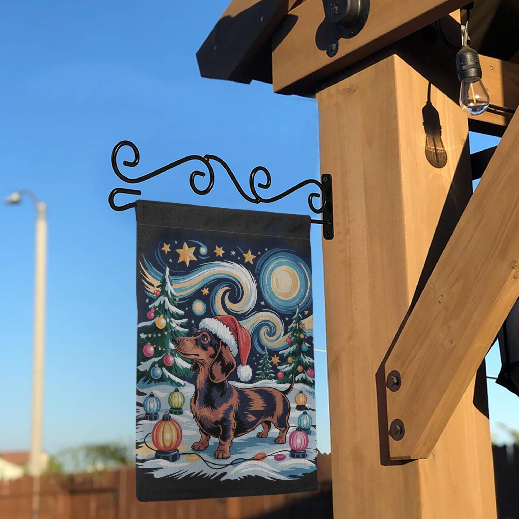 Christmas Dachshund Garden Flag – Outdoor Yard Banner with Santa Hat and Festive Lights Design