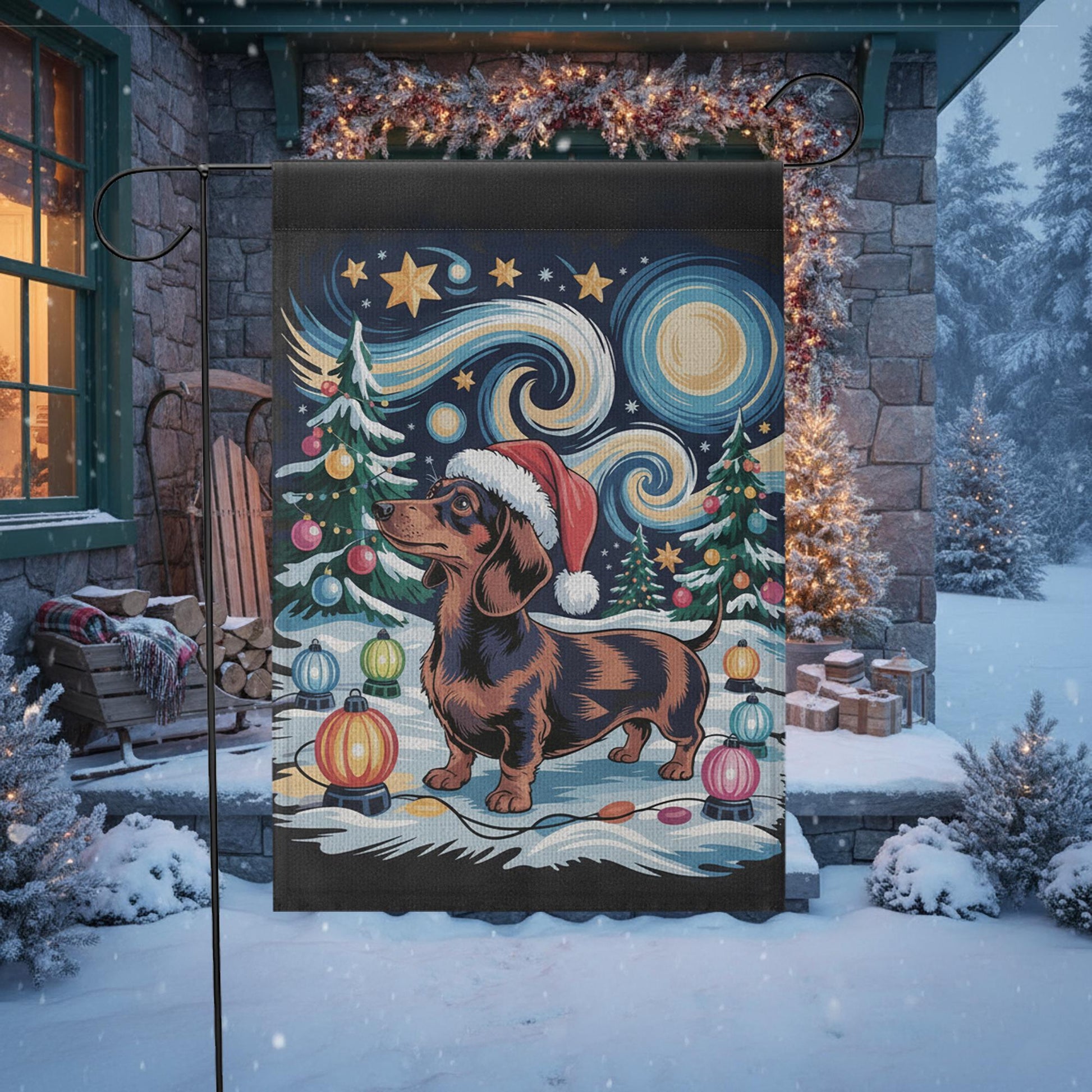 Christmas Dachshund Garden Flag – Outdoor Yard Banner with Santa Hat and Festive Lights Design