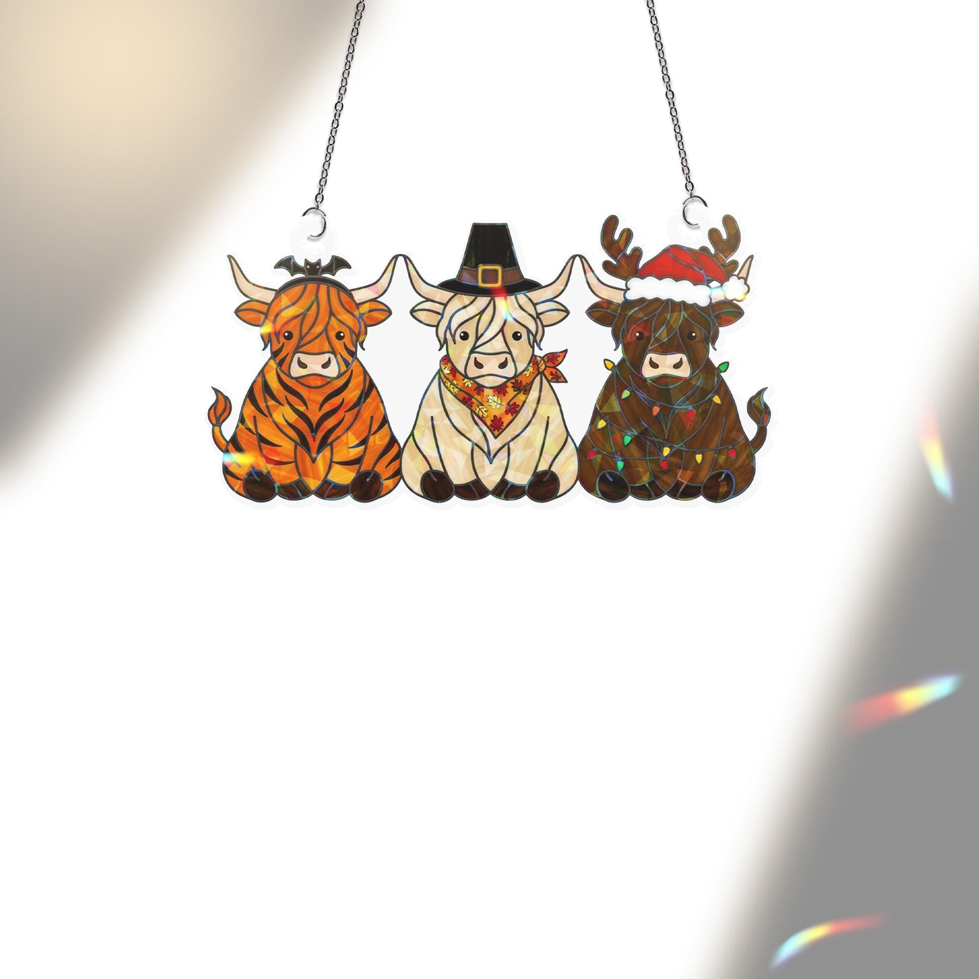 Hallothanksmas Window Hanging – Highland Cow Holographic Seasonal Holiday Decor