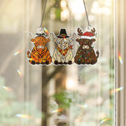 Hallothanksmas Window Hanging – Highland Cow Holographic Seasonal Holiday Decor