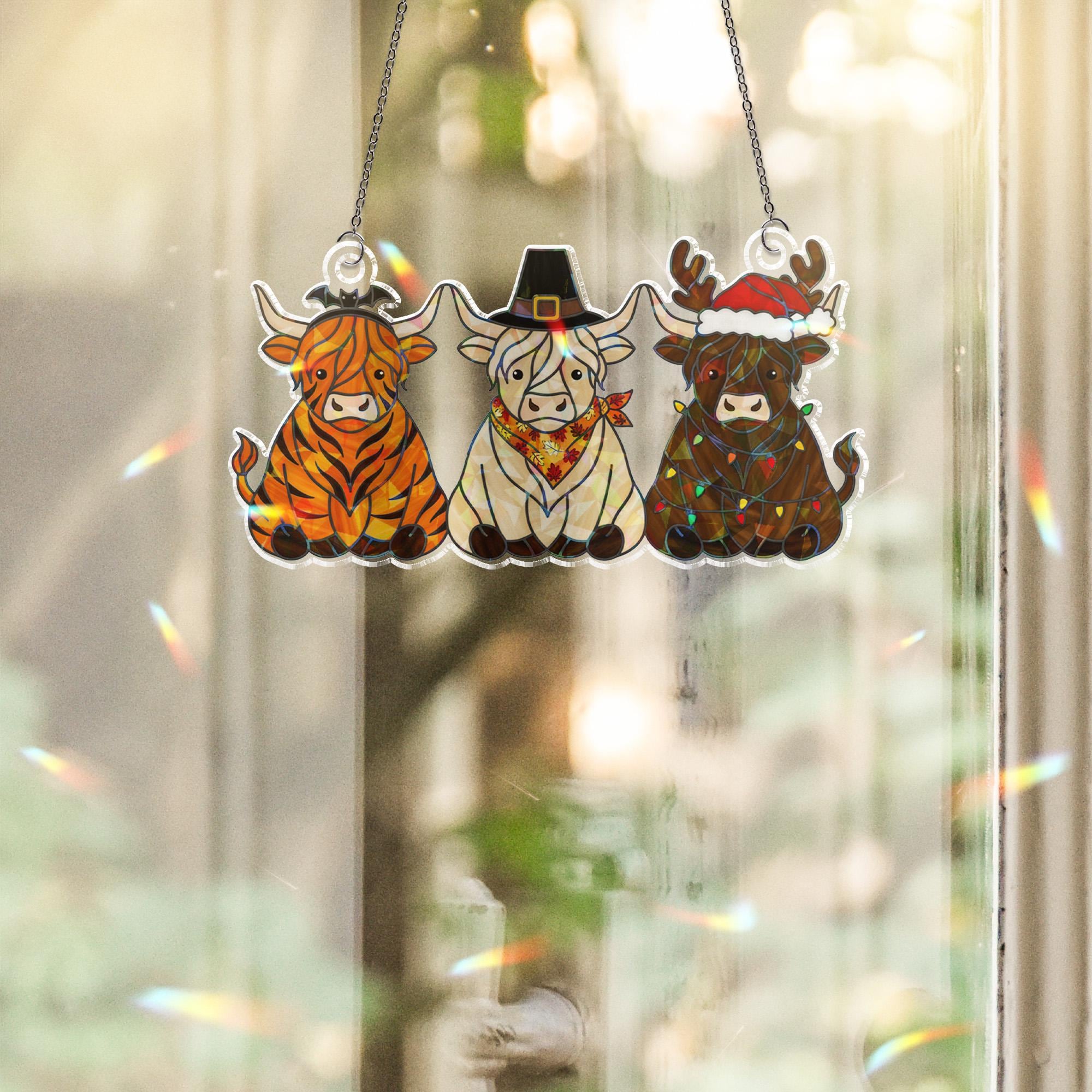 Hallothanksmas Window Hanging – Highland Cow Holographic Seasonal Holiday Decor