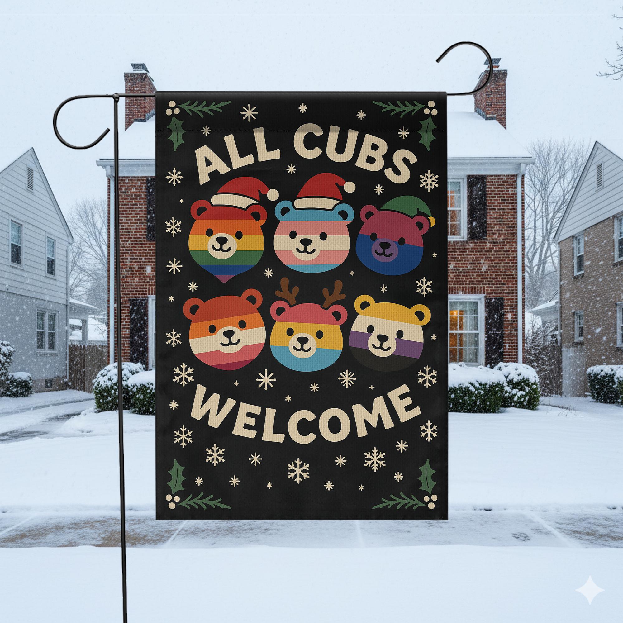 Bear Pride Garden Flag – All Cubs Welcome Outdoor Yard Banner with Rainbow Bear Design
