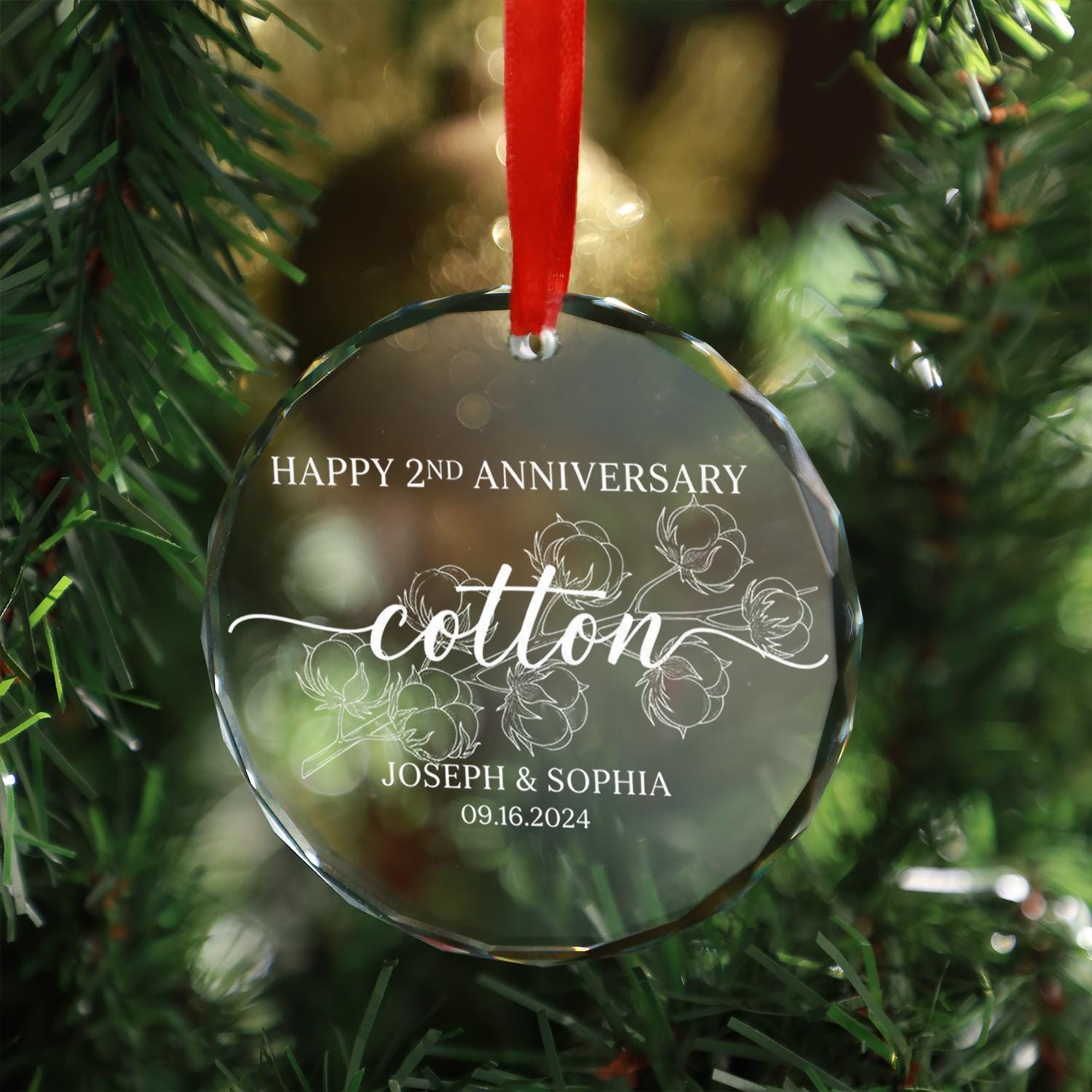 Personalized Cotton Anniversary Glass Ornament — Custom Names & Date — Clear Round Keepsake