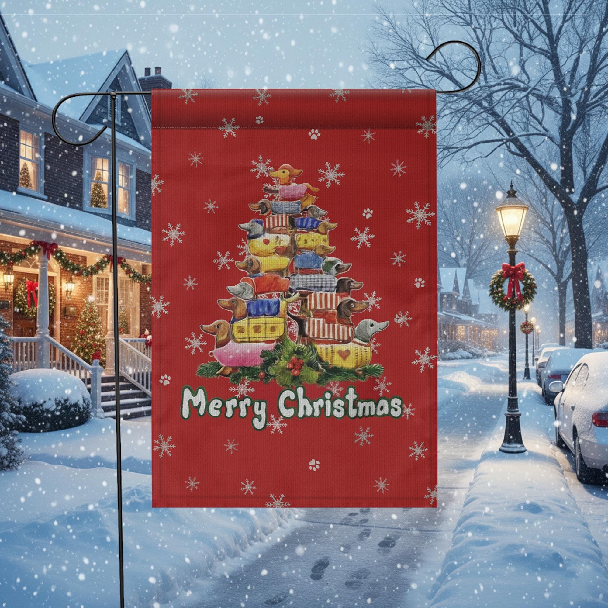 Christmas Dachshund Garden Flag – Merry Christmas Outdoor Yard Banner with Dog and Gift Design