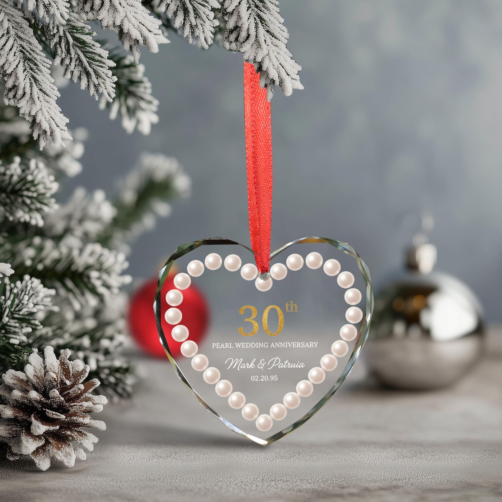 Personalized Pearl Anniversary Glass Ornament — Heart Shape — Custom Names & Date