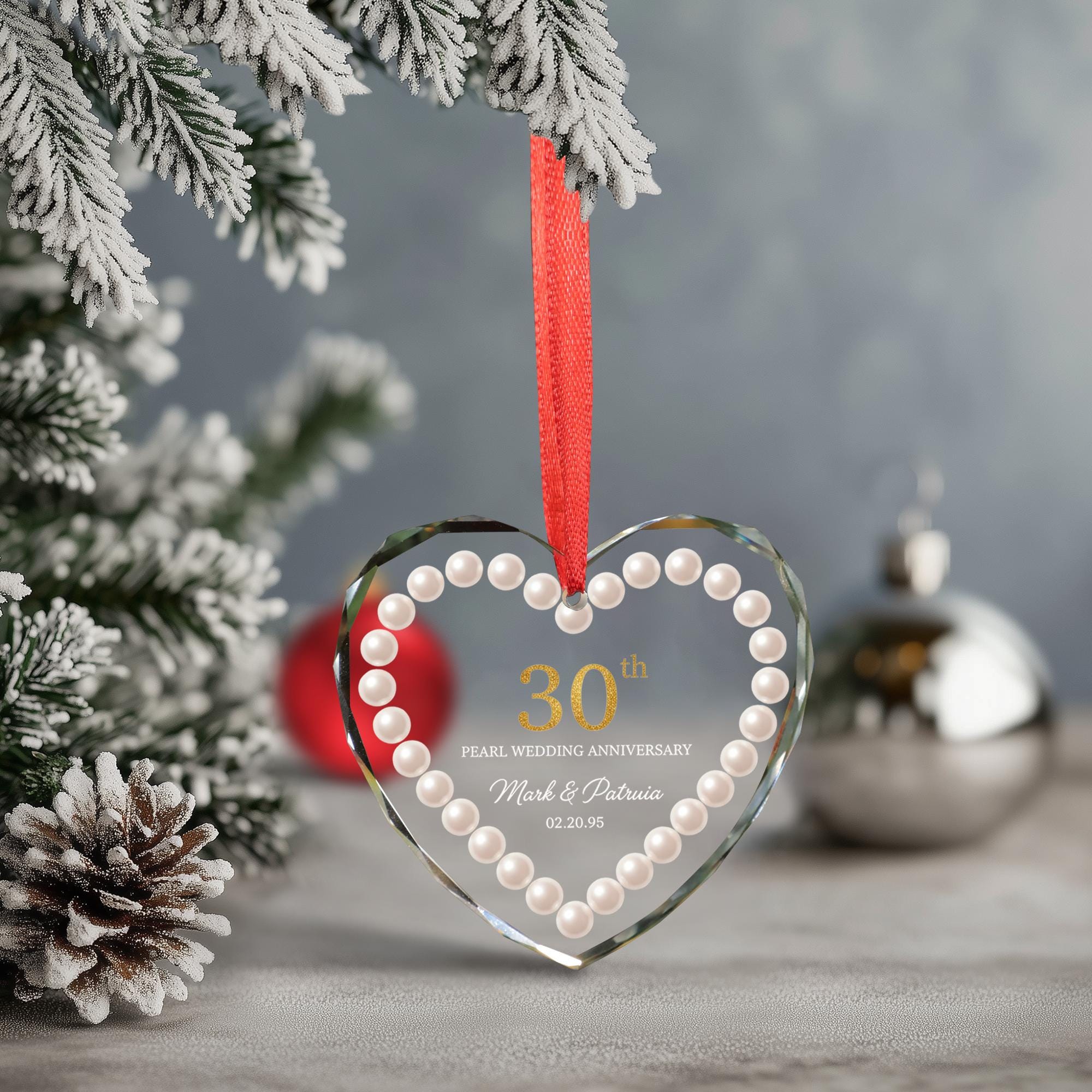 Personalized Pearl Anniversary Glass Ornament — Heart Shape — Custom Names & Date