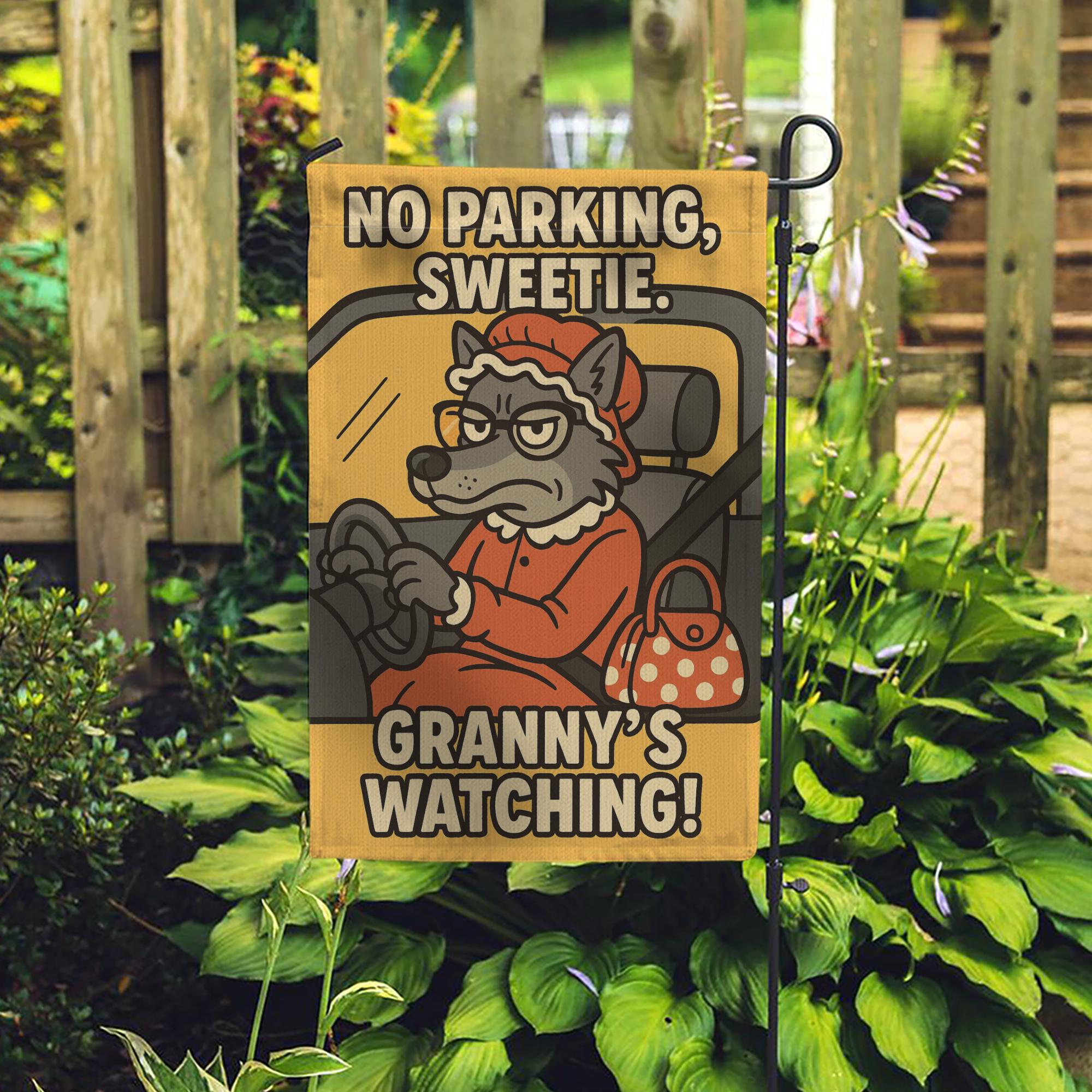 Funny Garden Flag – No Parking Sweetie Outdoor Yard Banner with Granny Wolf Design