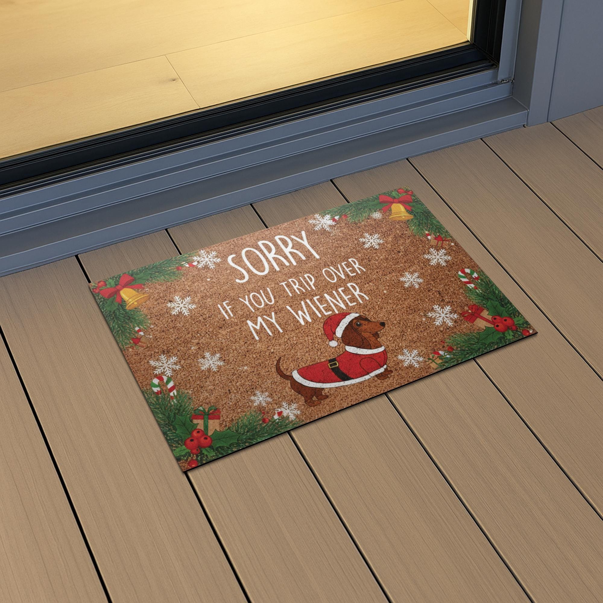 Christmas Dachshund Doormat – Funny Outdoor Welcome Mat with Wiener Dog Santa Design
