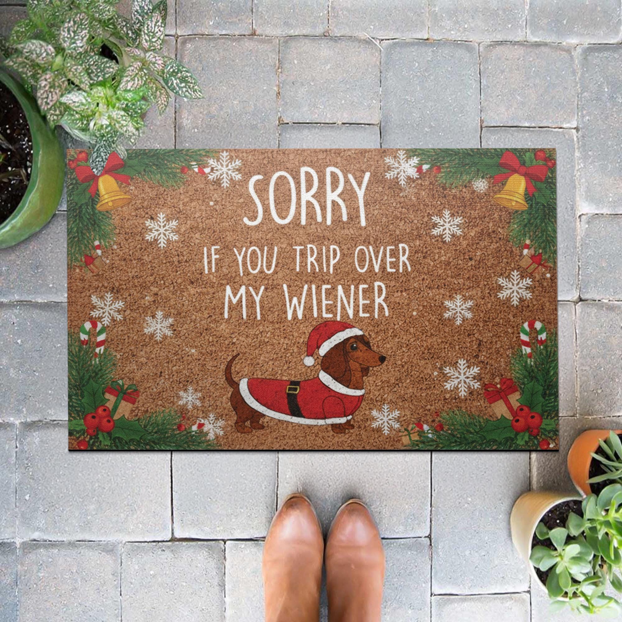 Christmas Dachshund Doormat – Funny Outdoor Welcome Mat with Wiener Dog Santa Design
