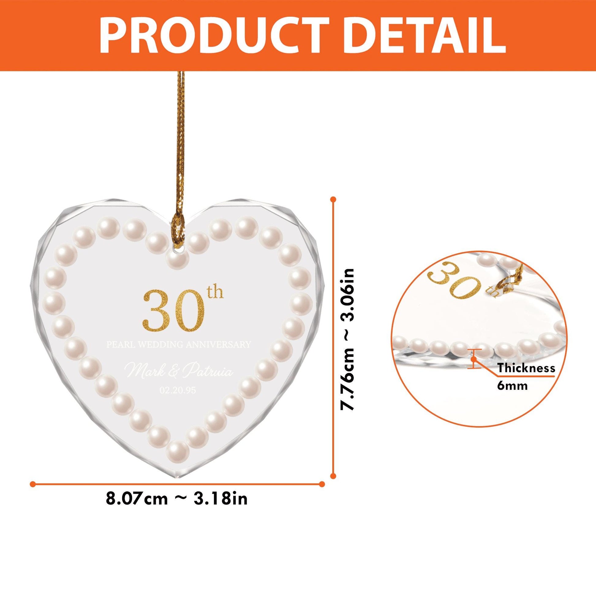 Personalized Pearl Anniversary Glass Ornament — Heart Shape — Custom Names & Date