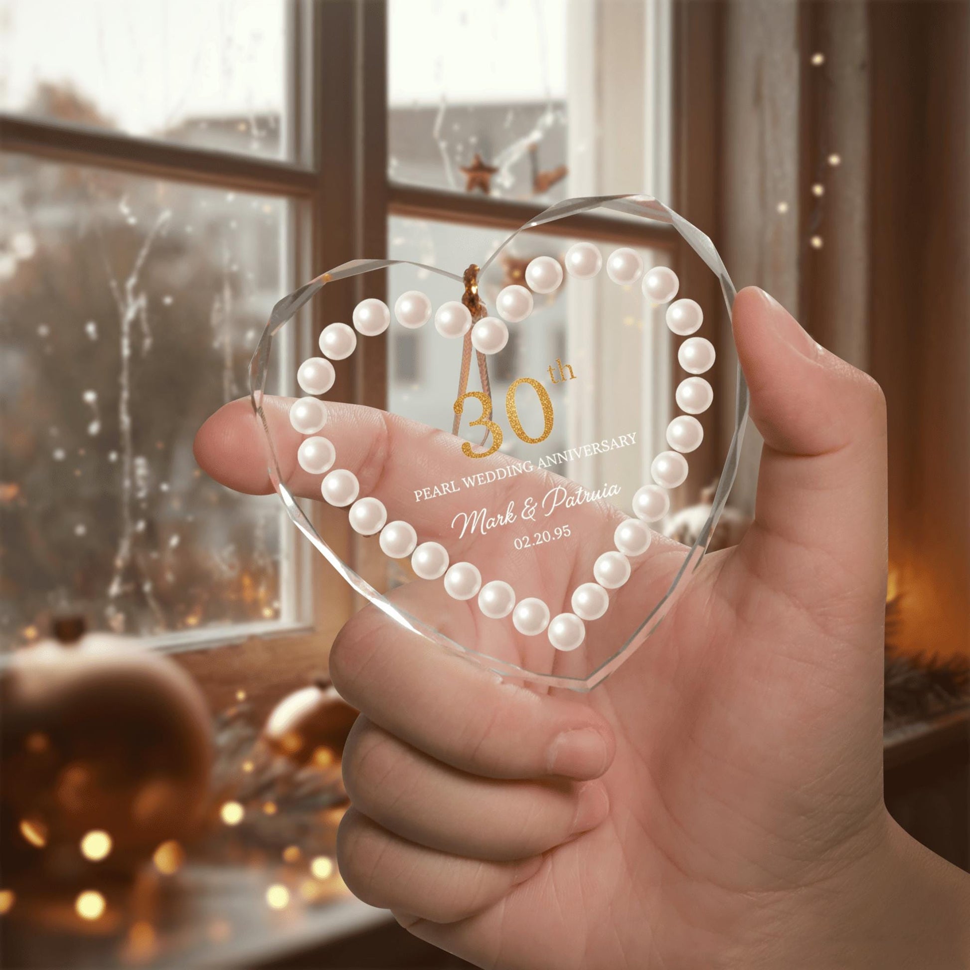 Personalized Pearl Anniversary Glass Ornament — Heart Shape — Custom Names & Date