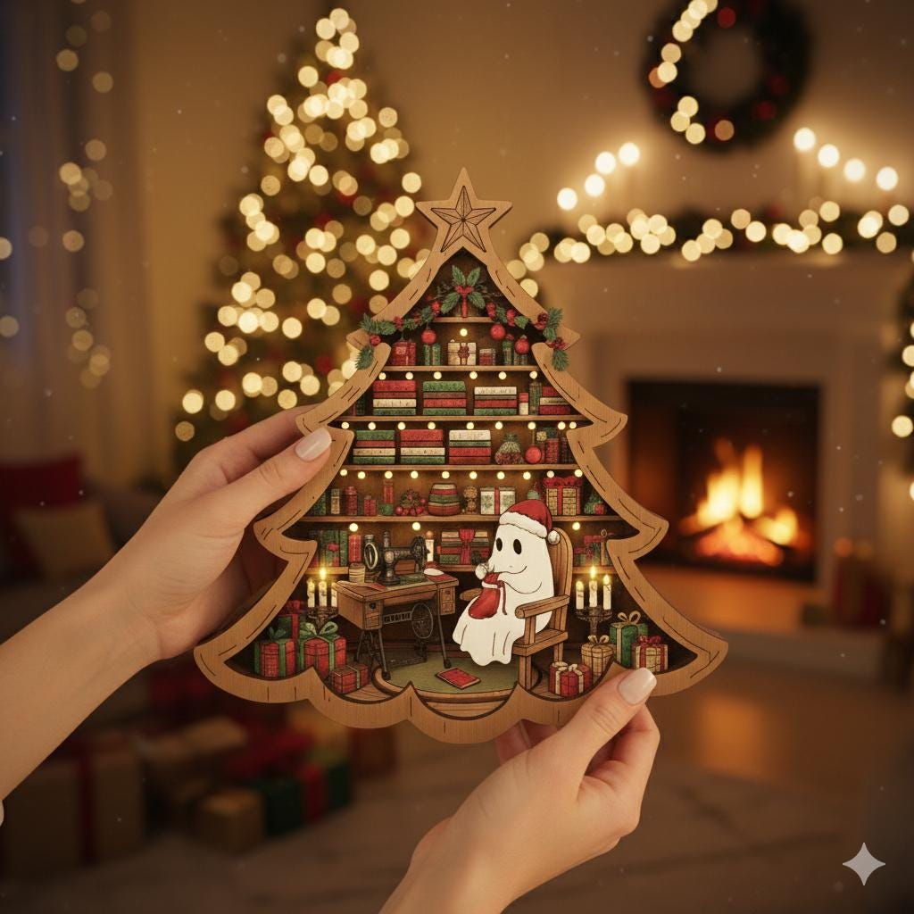 Ghost Sewing Wooden Block – Christmas Tree Shelf Sitter Holiday Quilter Gift