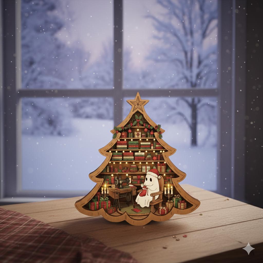 Ghost Sewing Wooden Block – Christmas Tree Shelf Sitter Holiday Quilter Gift