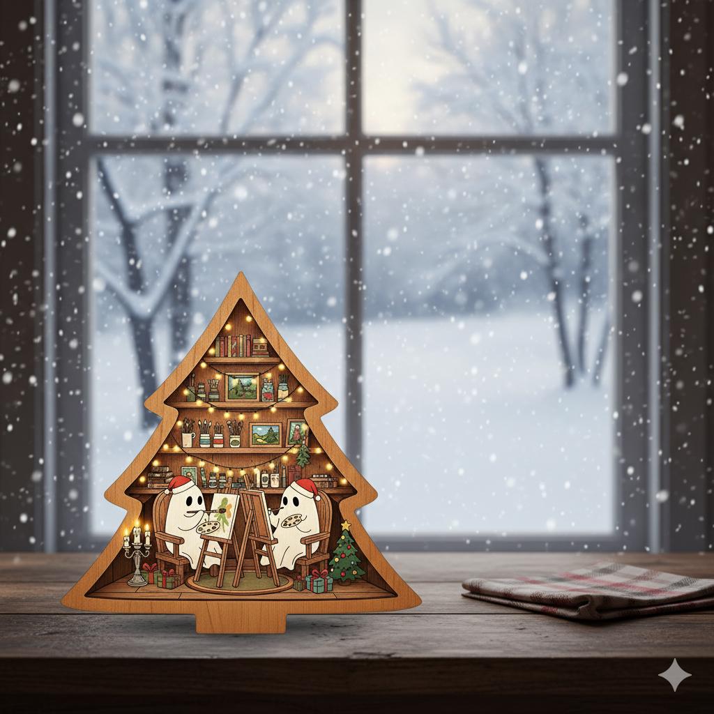 Painting Ghosts Wooden Block – Christmas Tree Shelf Sitter Decoration