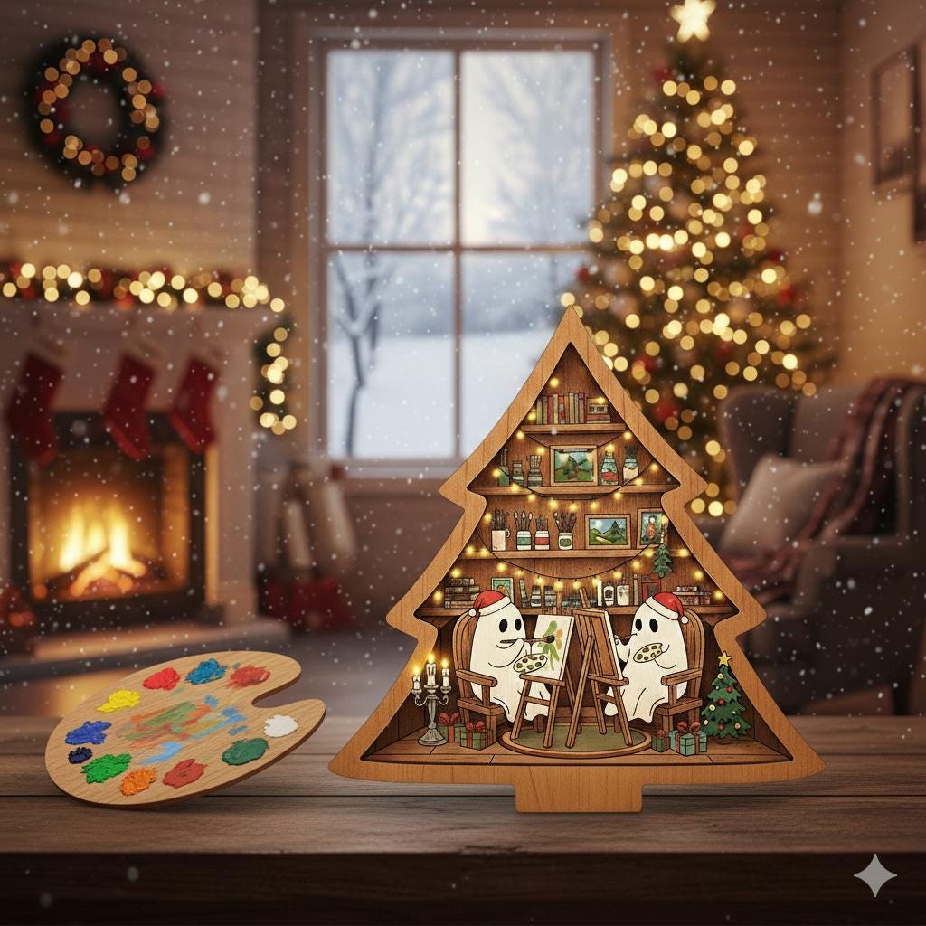 Painting Ghosts Wooden Block – Christmas Tree Shelf Sitter Decoration