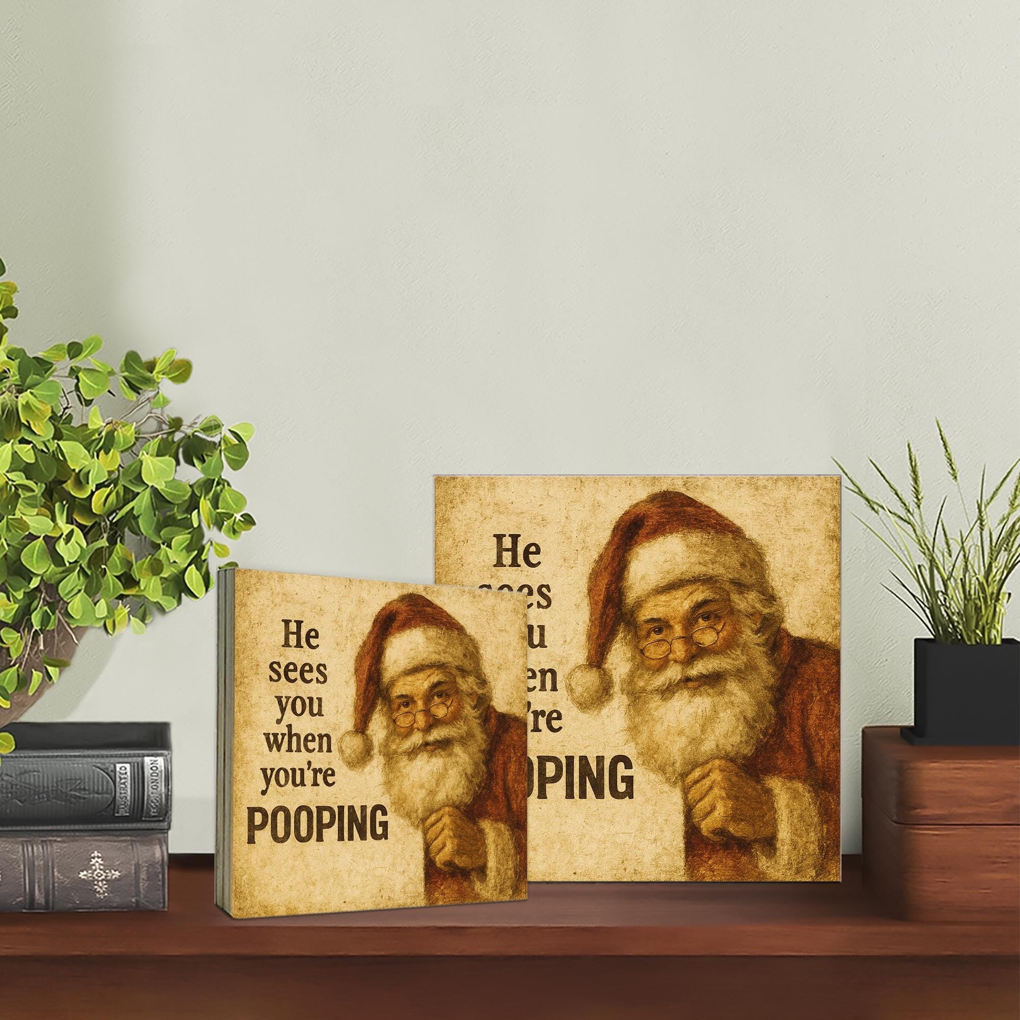 Funny Santa Bathroom Sign – Christmas Wooden Block Holiday Gag Gift Decor