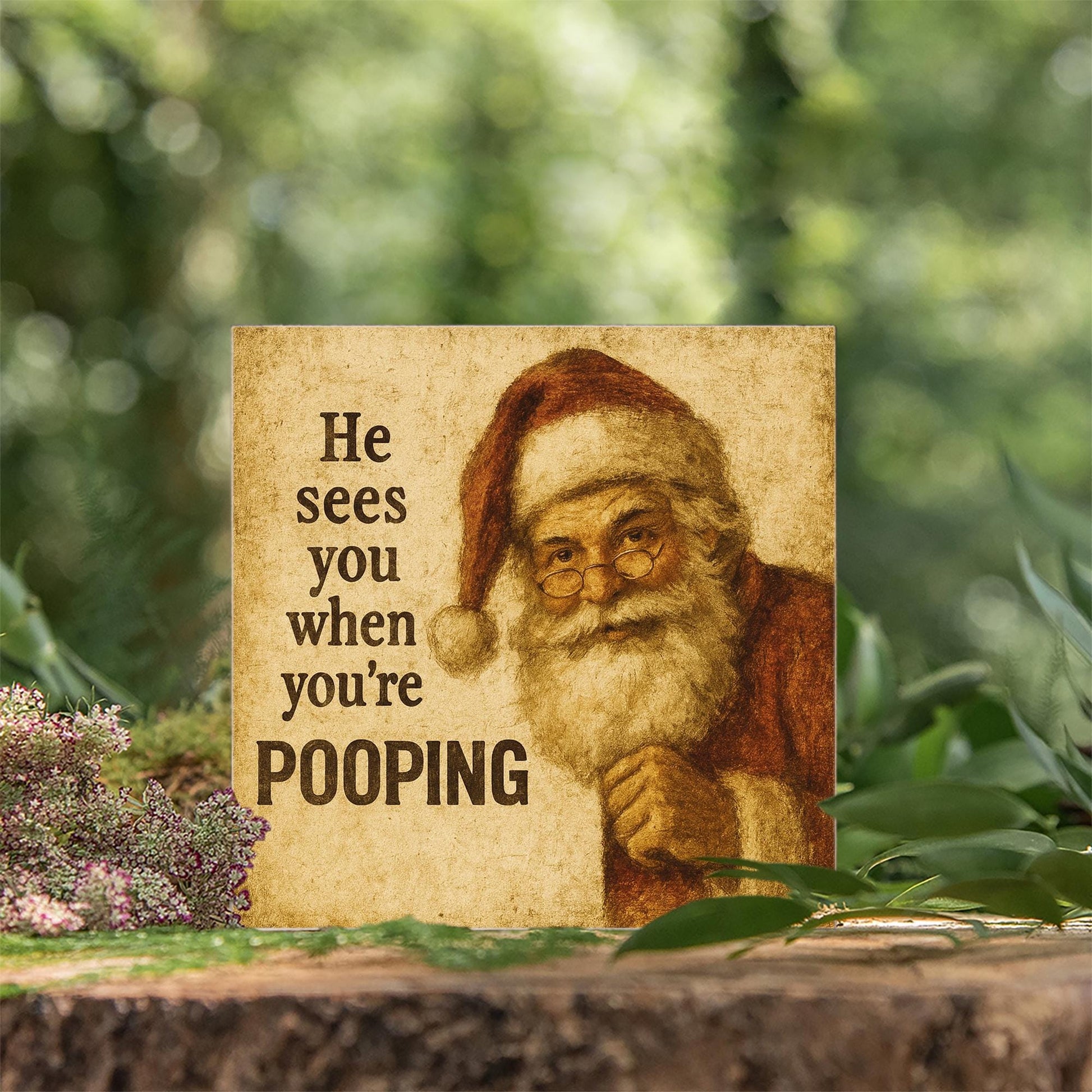Funny Santa Bathroom Sign – Christmas Wooden Block Holiday Gag Gift Decor