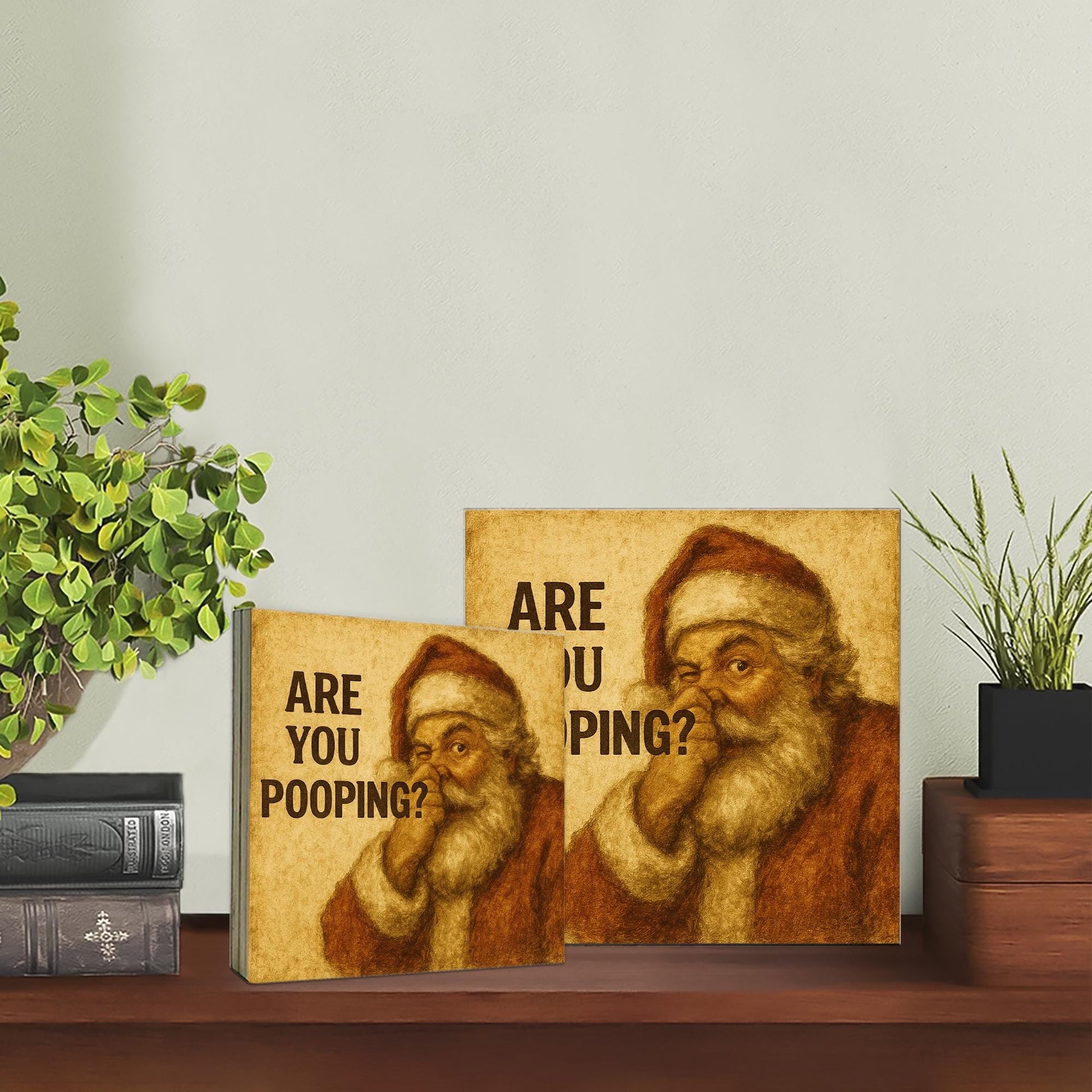 Santa Pooping Humor Sign – Rustic Christmas Bathroom Wooden Block Decor