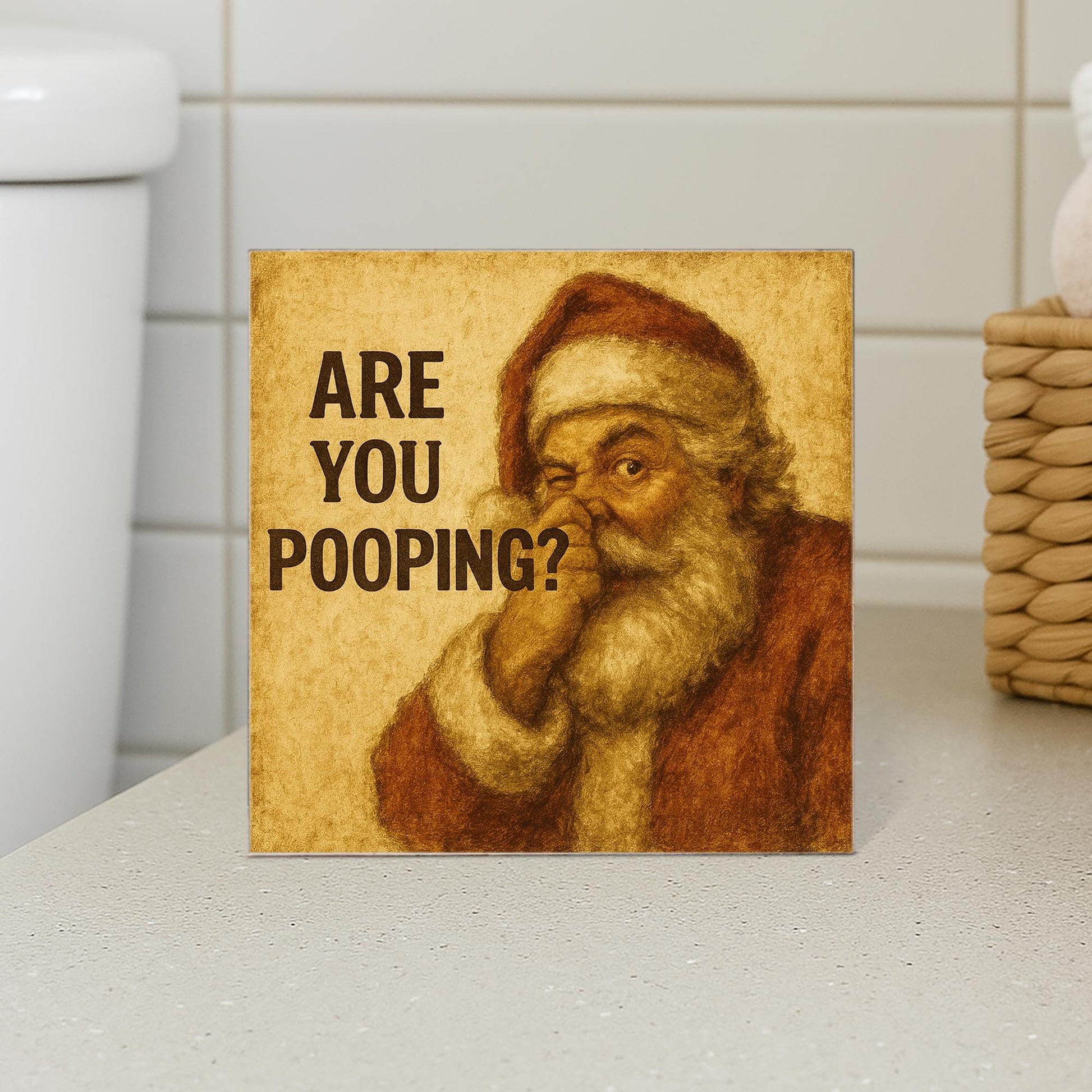 Santa Pooping Humor Sign – Rustic Christmas Bathroom Wooden Block Decor