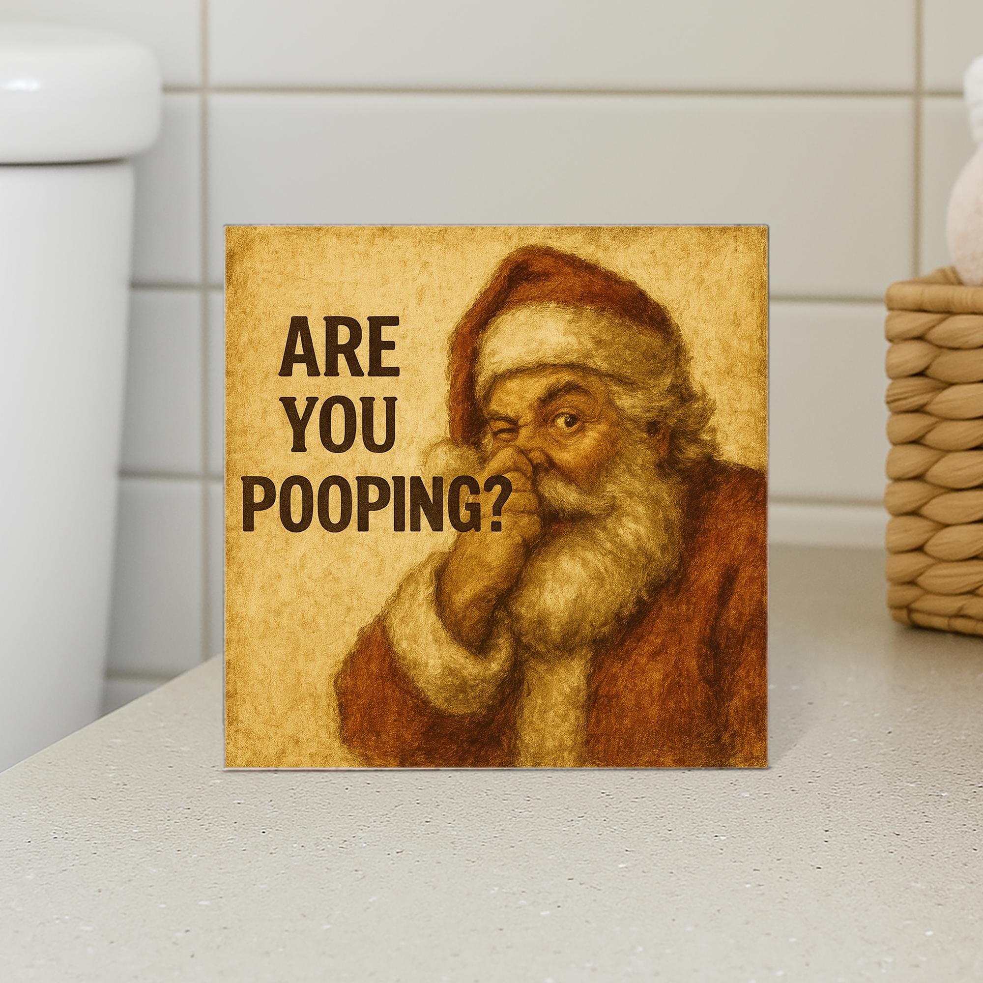 Santa Pooping Humor Sign – Rustic Christmas Bathroom Wooden Block Decor
