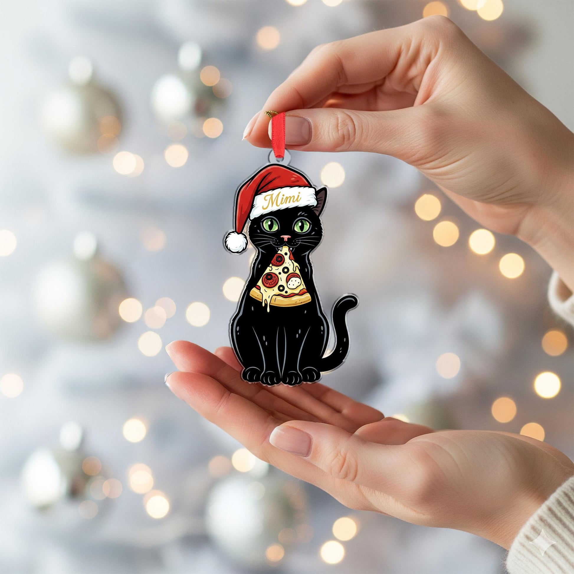 Personalized Black Cat Pizza Ornament: Custom Name Cat Christmas Decor