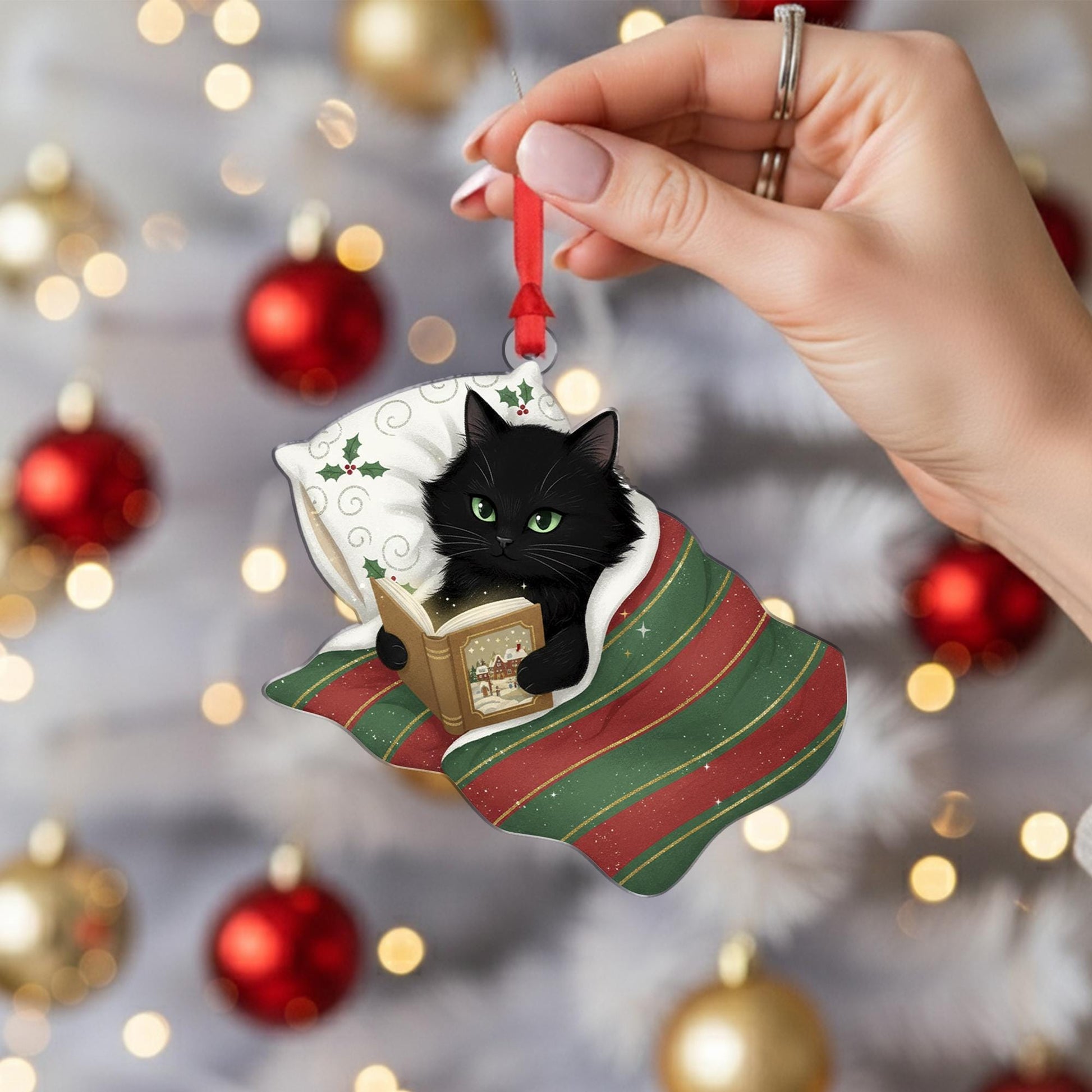 Christmas Black Cat Ornament Reading Book: Holiday Tree Decor