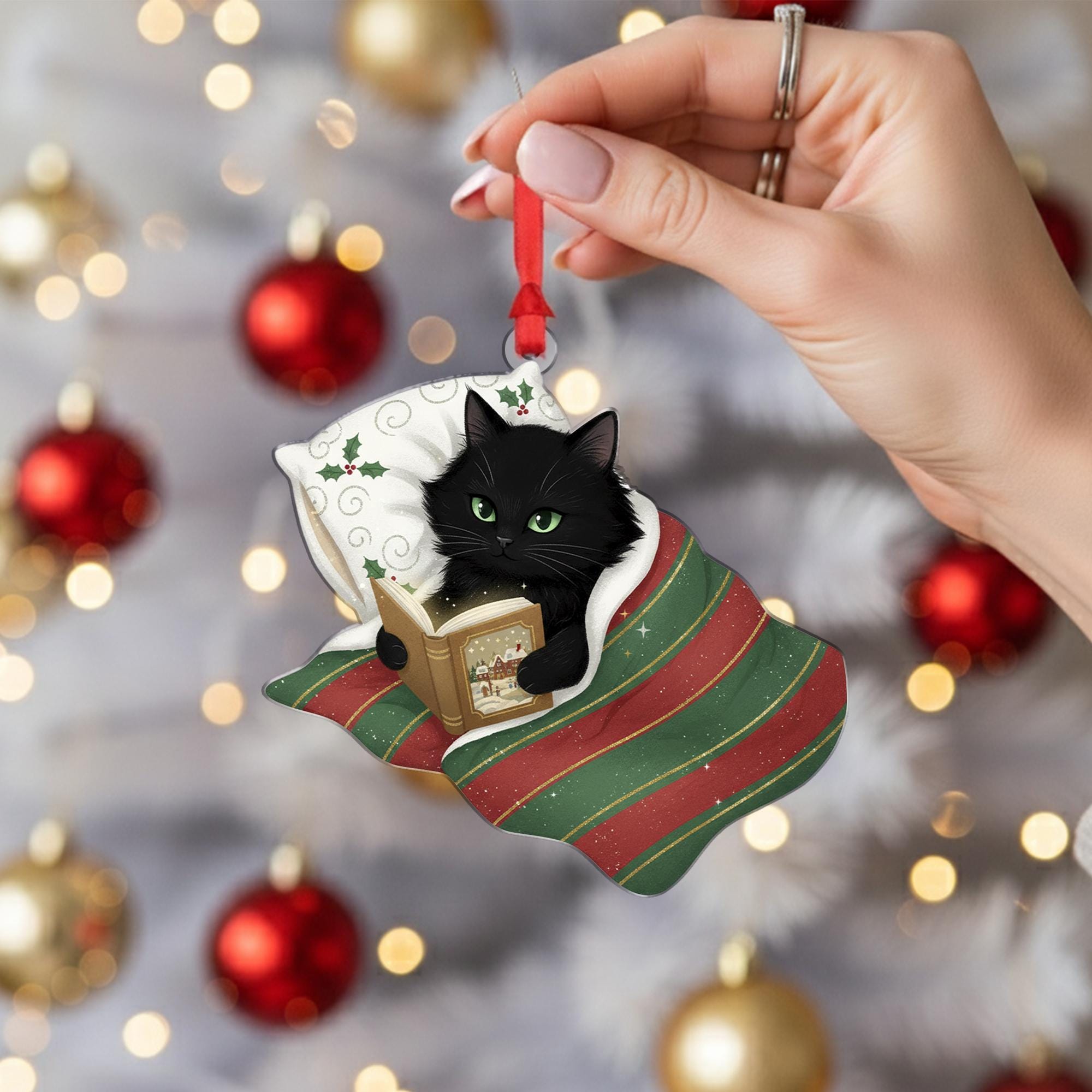 Christmas Black Cat Ornament Reading Book: Holiday Tree Decor