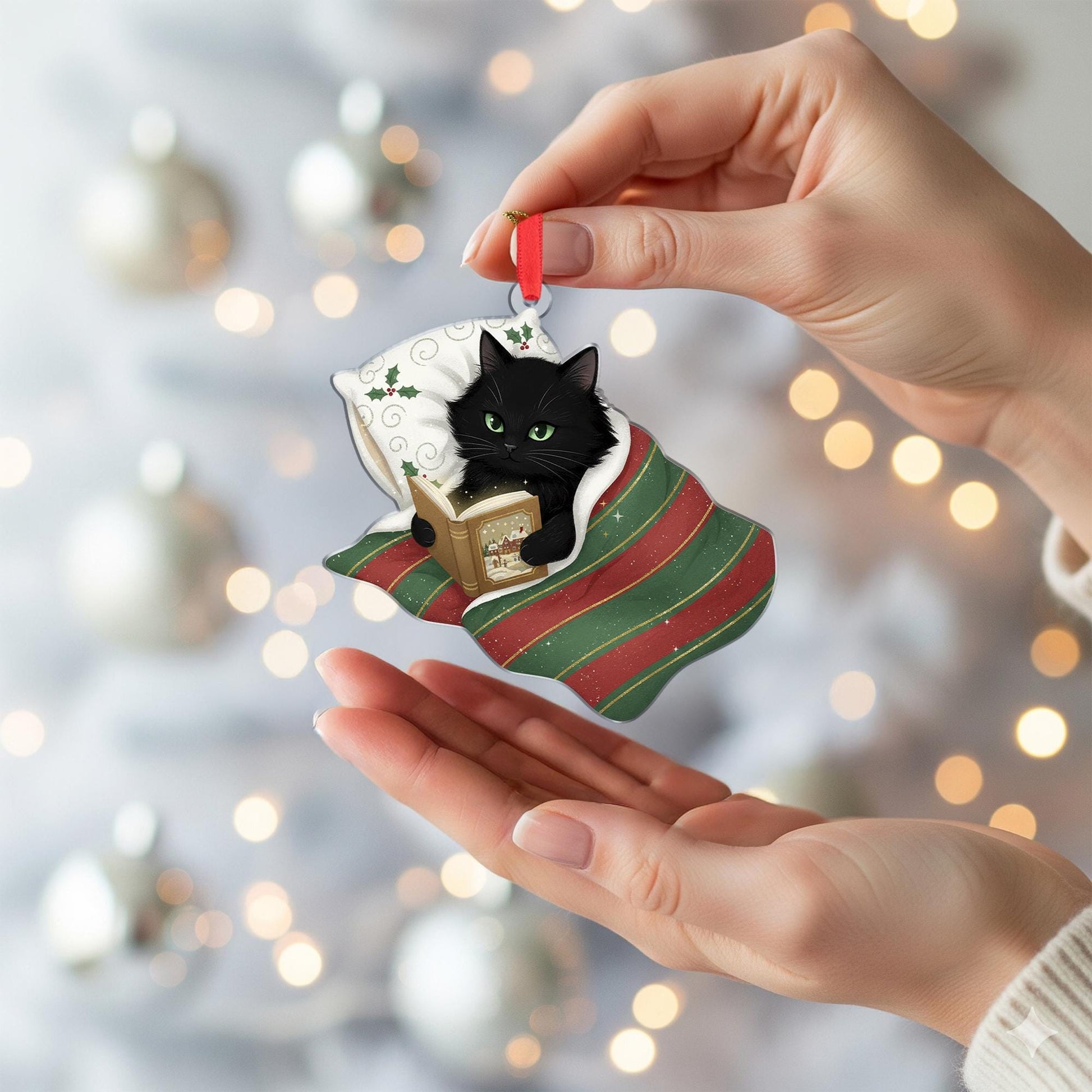 Christmas Black Cat Ornament Reading Book: Holiday Tree Decor
