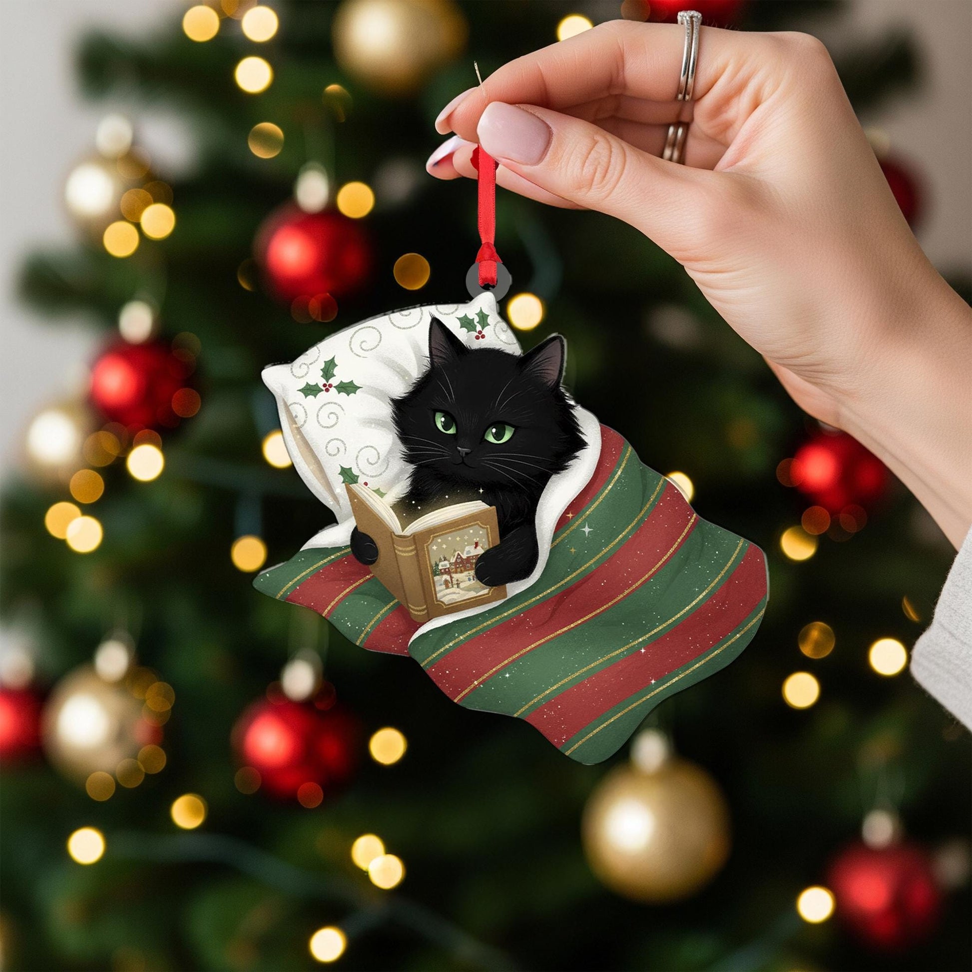 Christmas Black Cat Ornament Reading Book: Holiday Tree Decor