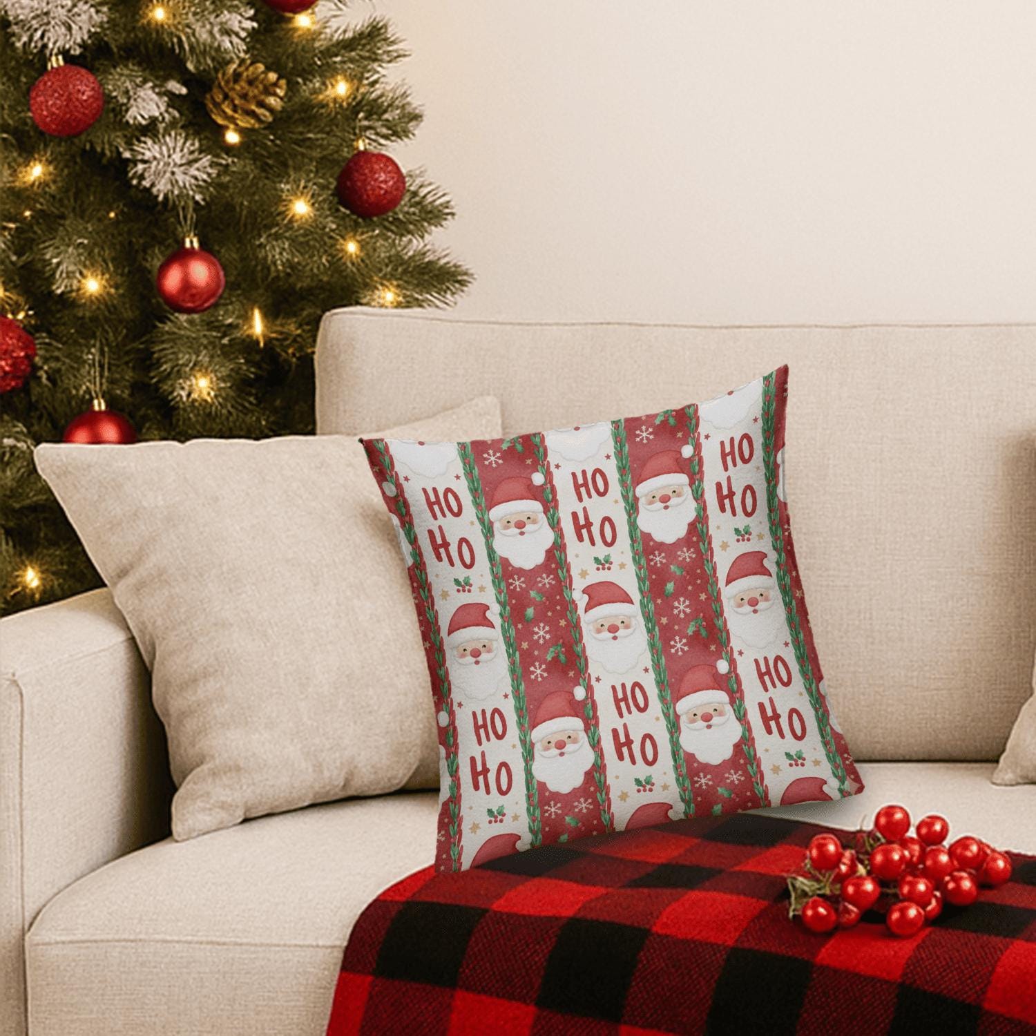 Santa Claus Christmas Pillow, Ho Ho Ho Decorative Cushion, Holiday Throw Pillow, Festive Santa Face Accent Pillow for Home Décor