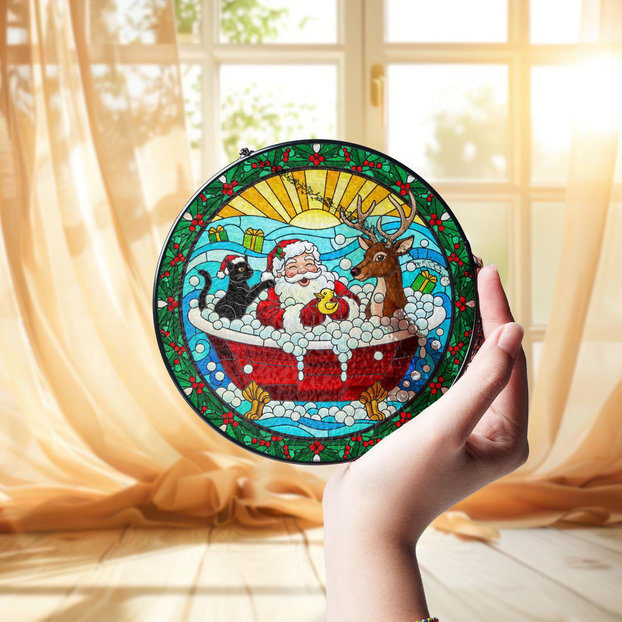 Santa Bathtub Suncatcher – Funny Christmas Window Hanging Holiday Decor