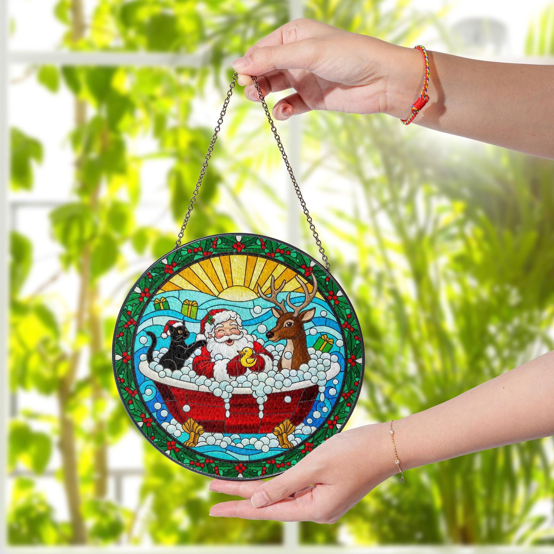 Santa Bathtub Suncatcher – Funny Christmas Window Hanging Holiday Decor