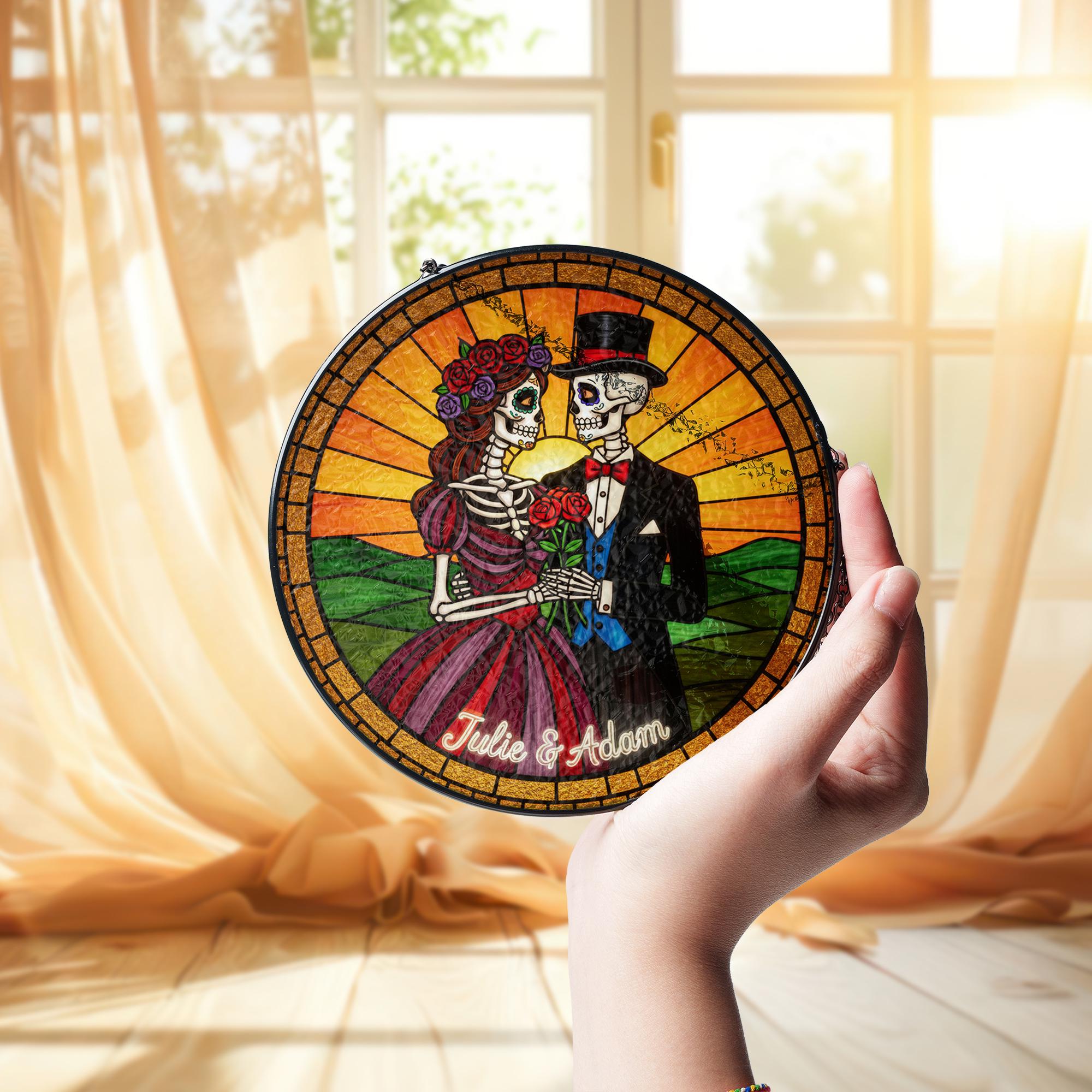 Skeleton Couple Suncatcher – Personalized Glass Gothic Wedding Gift